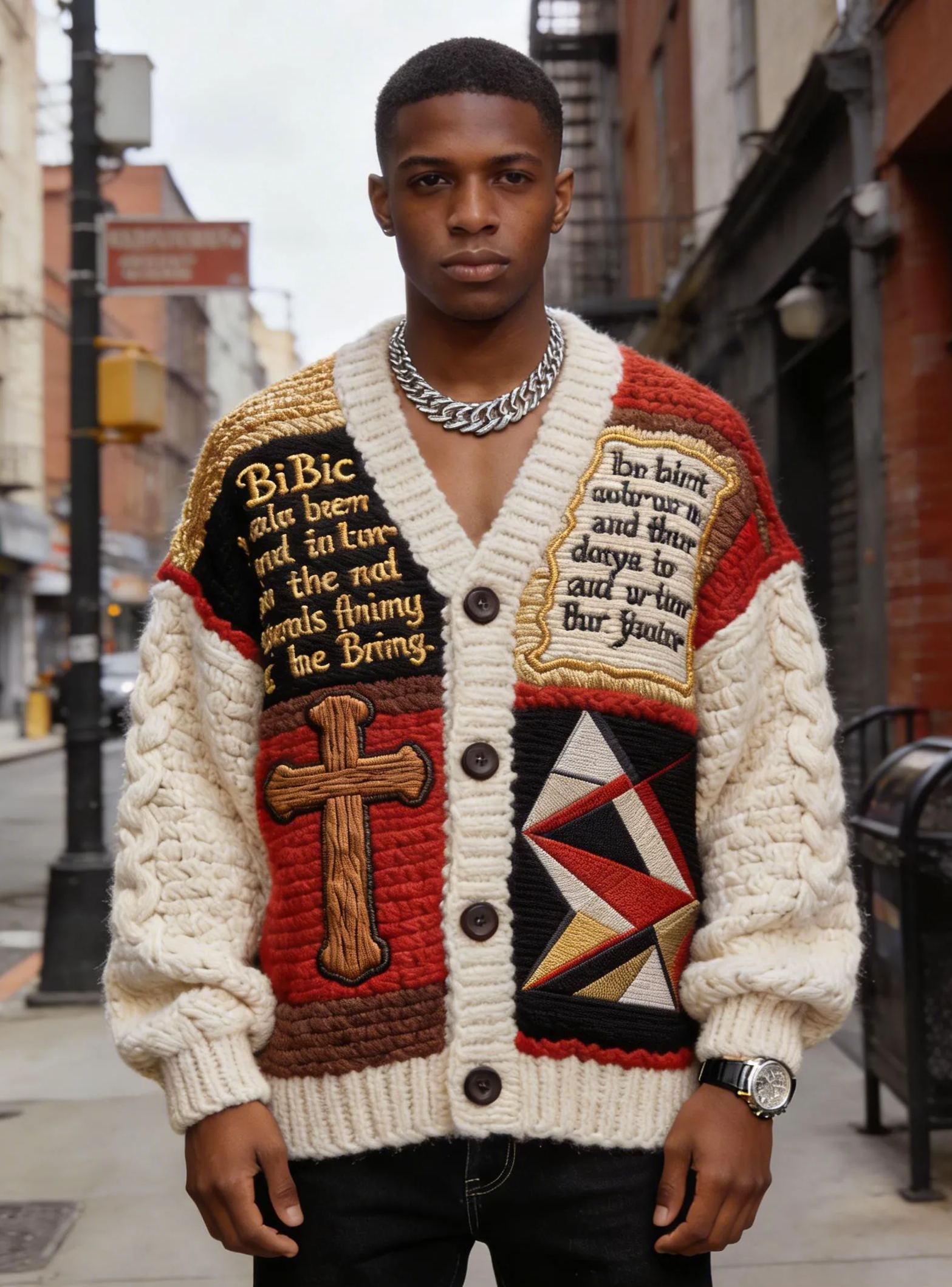 Men's Wooden Cross & Bible Verse Embroidered Patchwork V-Neck Cable Knit Cardigan 