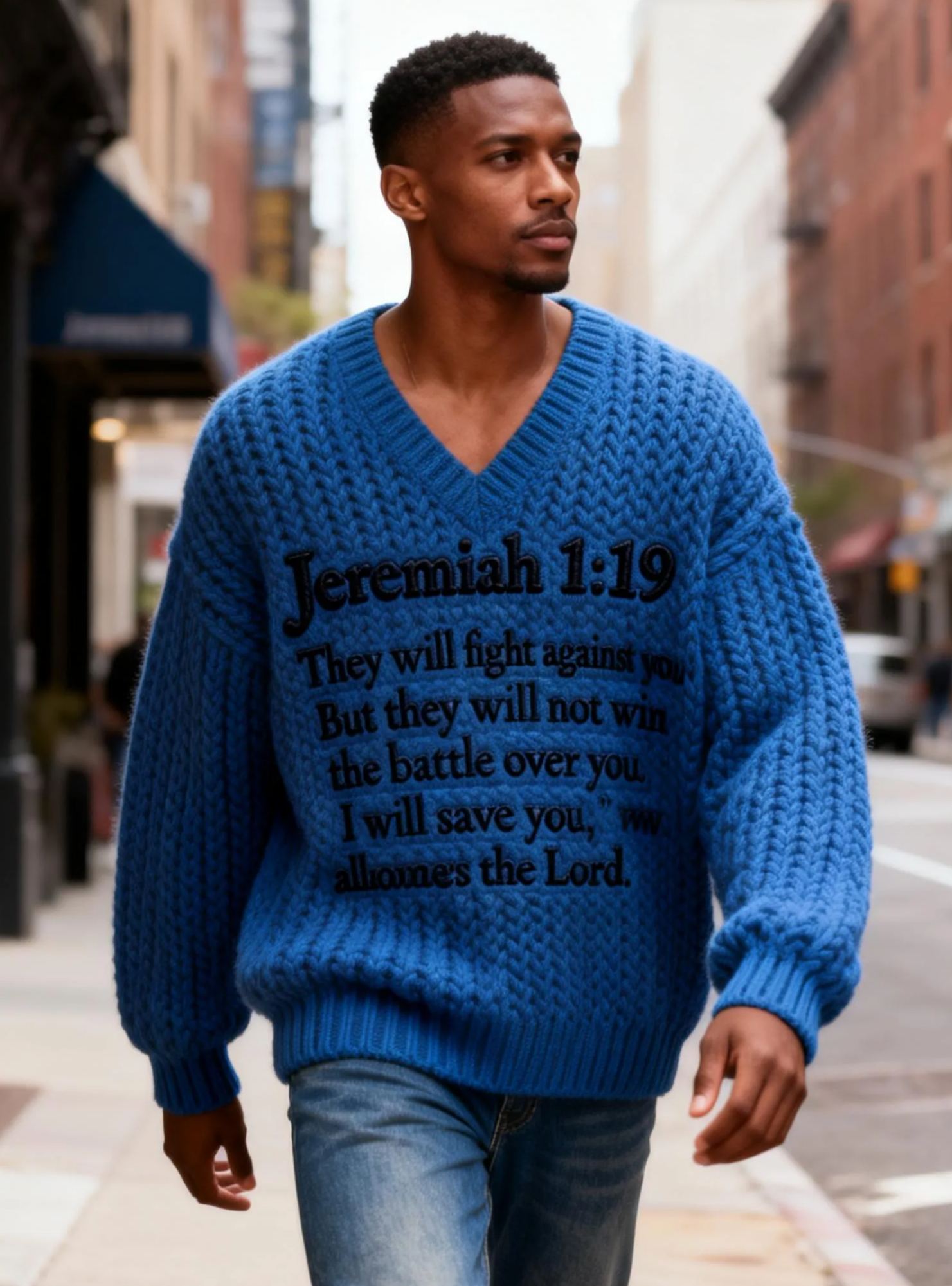 Men's Jeremiah 1:19 Bible Verse Embroidered V-Neck Chunky Knit Sweater