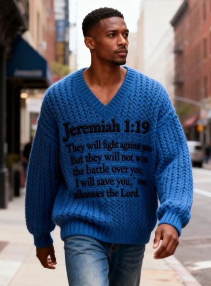 Men's Jeremiah 1:19 Bible Verse Embroidered V-Neck Chunky Knit Sweater