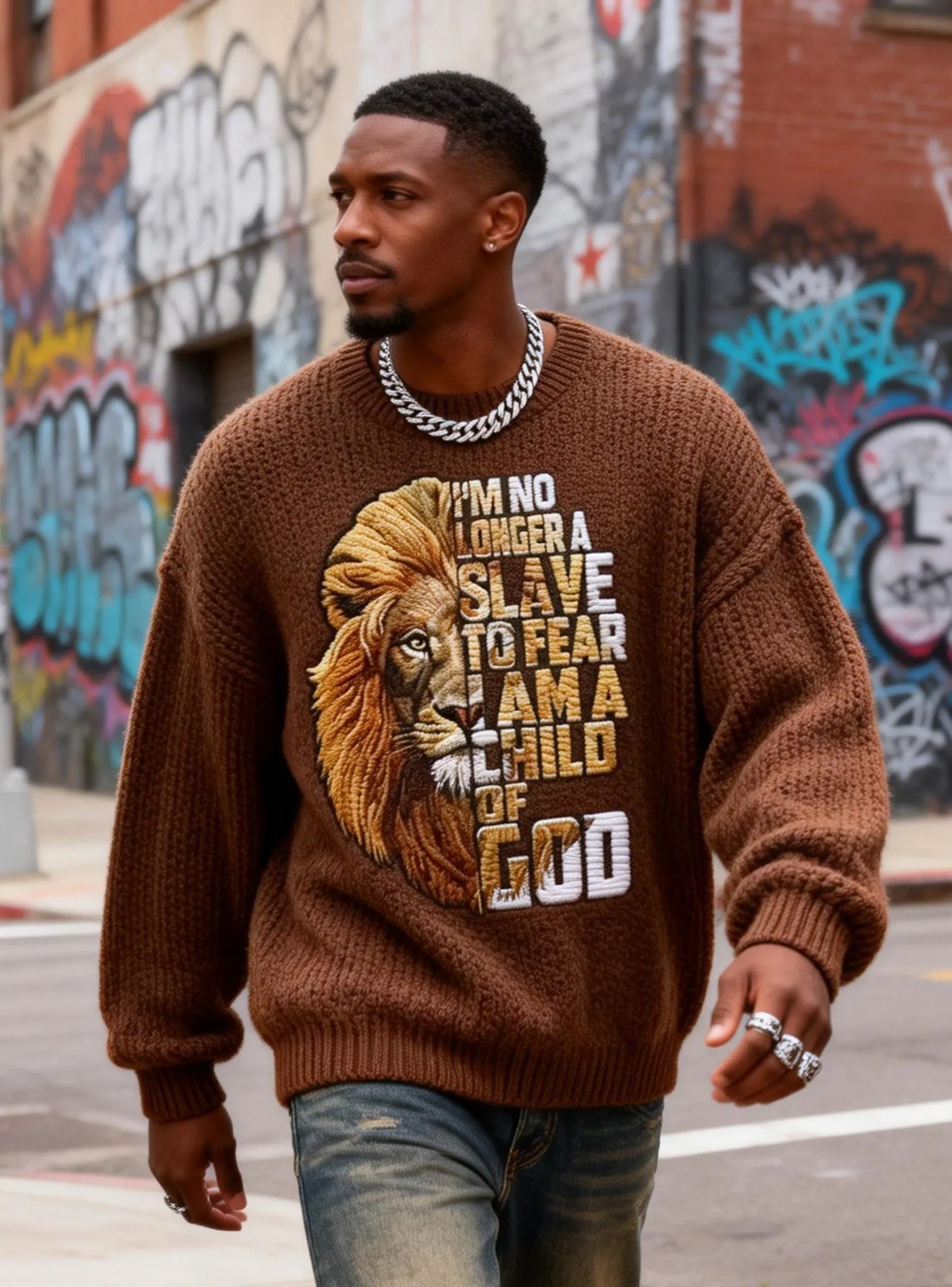 Men's' I'm No Longer A Slave To Fear' Lion Embroidered Religious Chunky Knit Sweater 