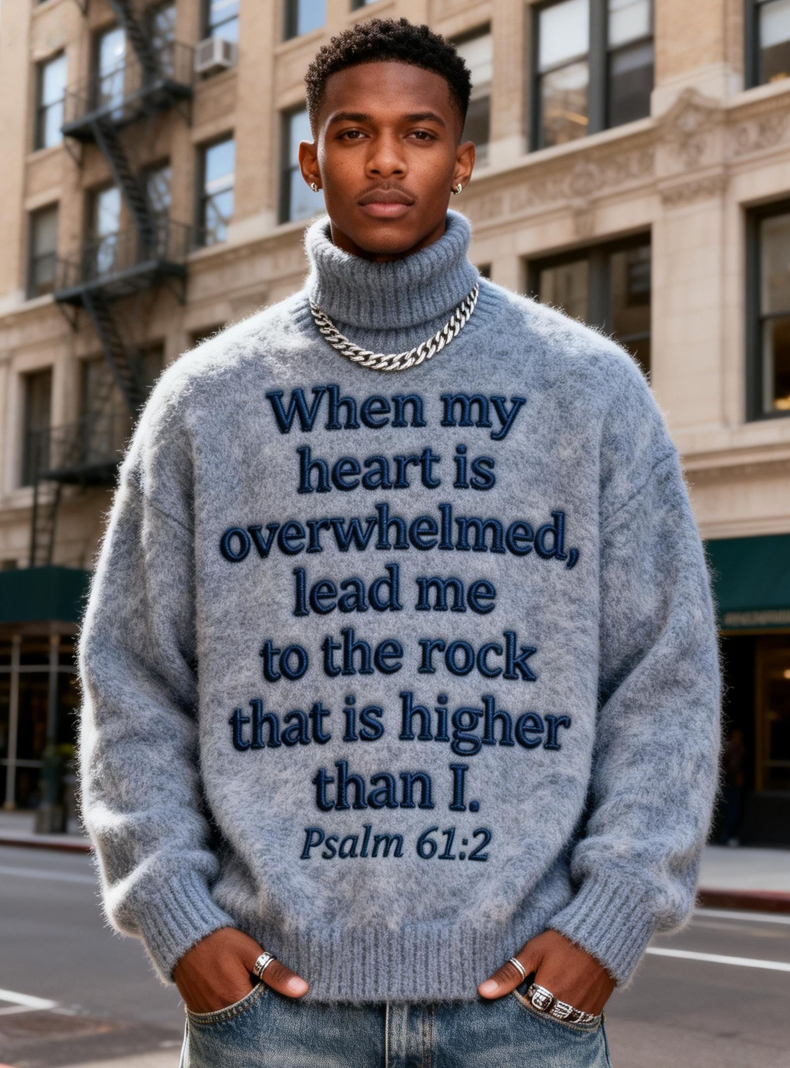 Men's Psalm 61:2 Bible Verse Embroidered Religious Turtleneck Fuzzy Knit Sweater 