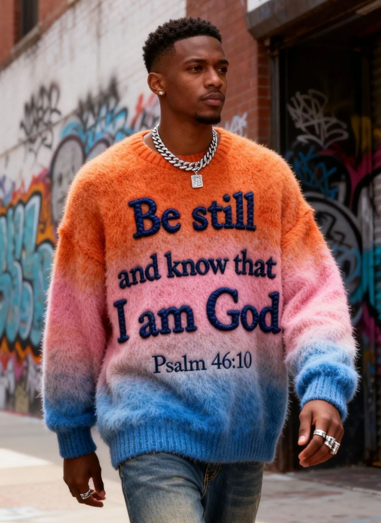 Men's' Psalm 46:10 'Be Still And Know That I Am God' Embroidered Religious Gradient Sweater 