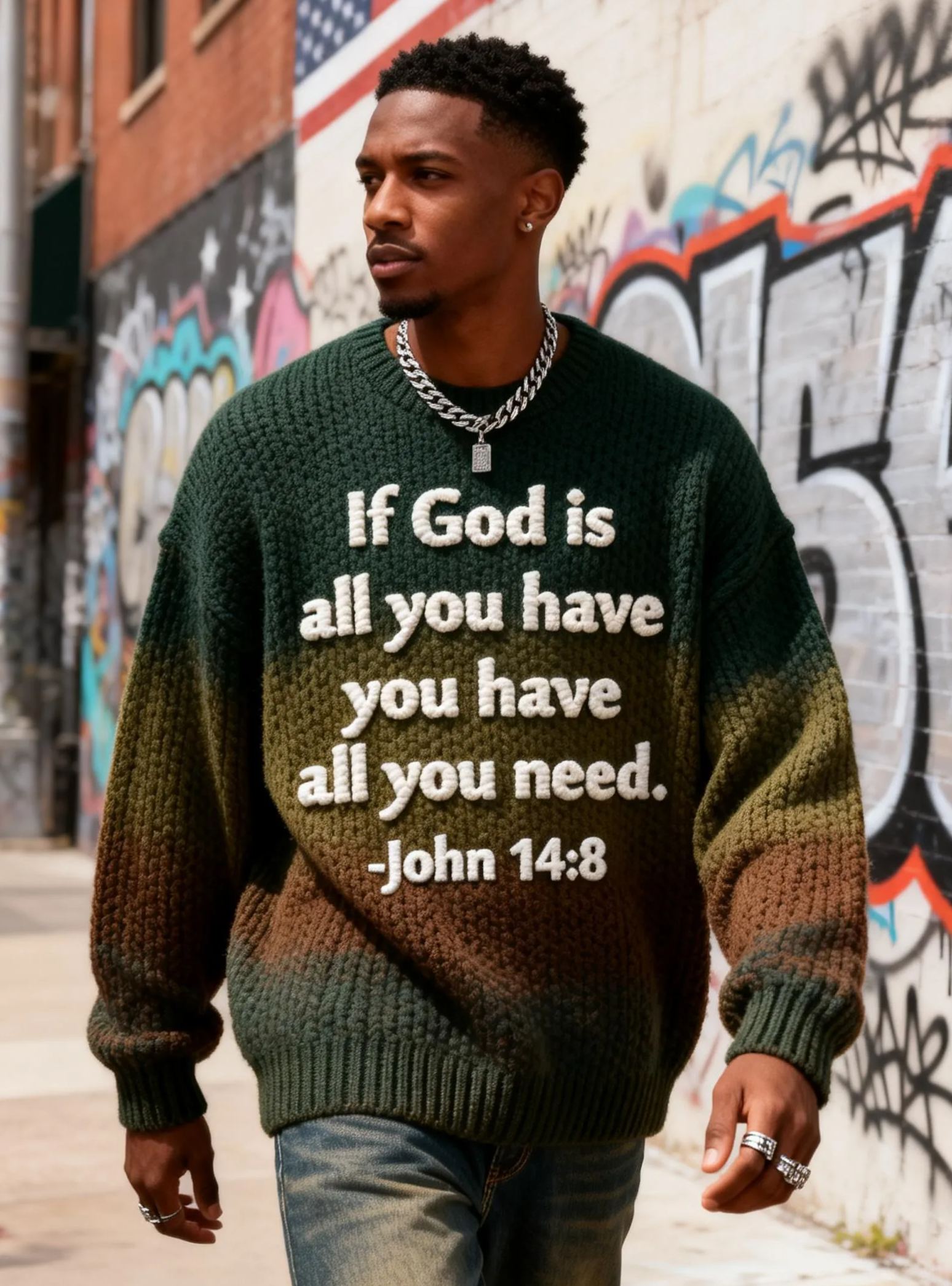 Men's 'If God Is All You Have' John 14:8 Embroidered Religious Gradient Sweater