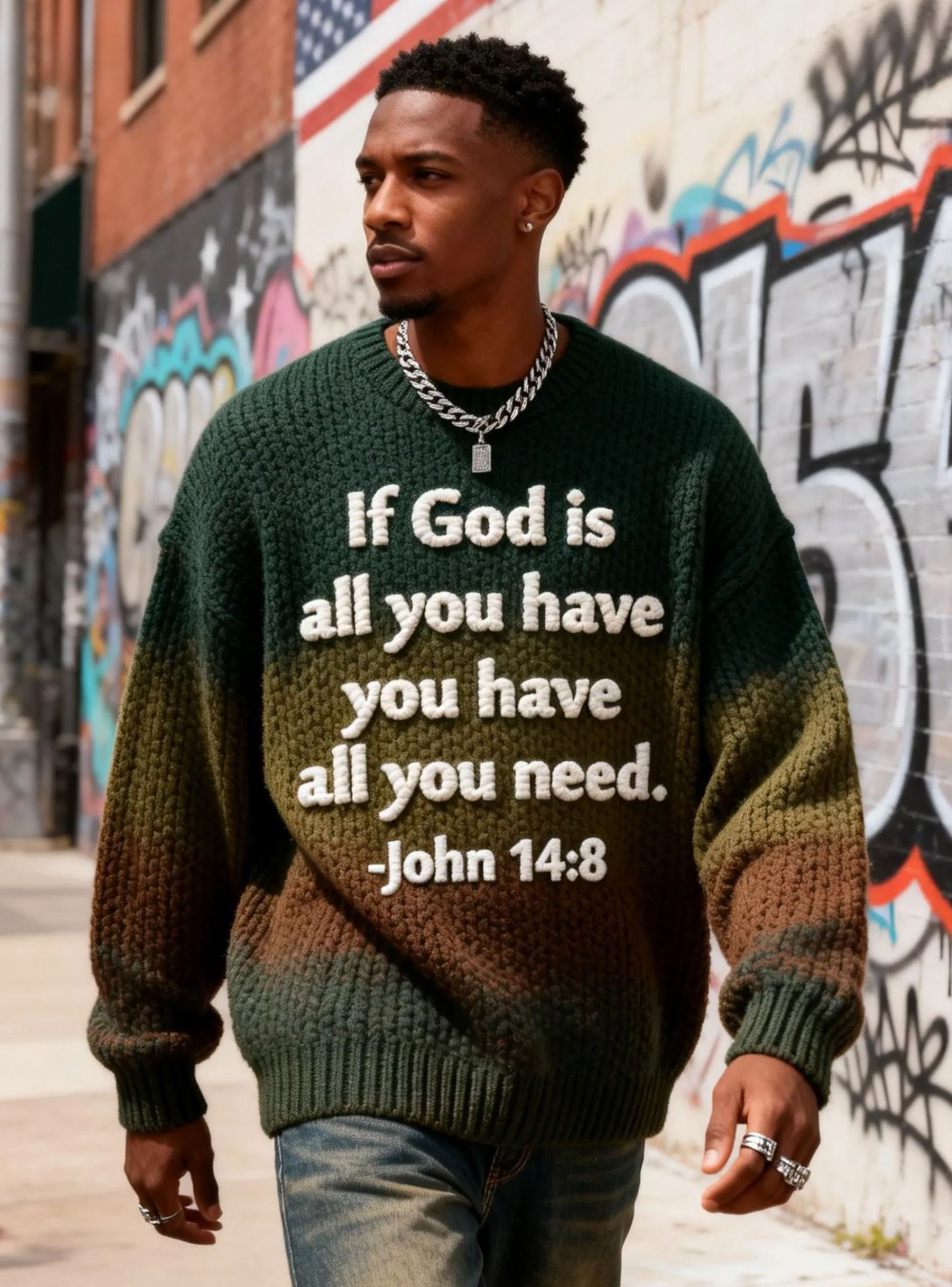Men's 'If God Is All You Have' John 14:8 Embroidered Religious Gradient Sweater