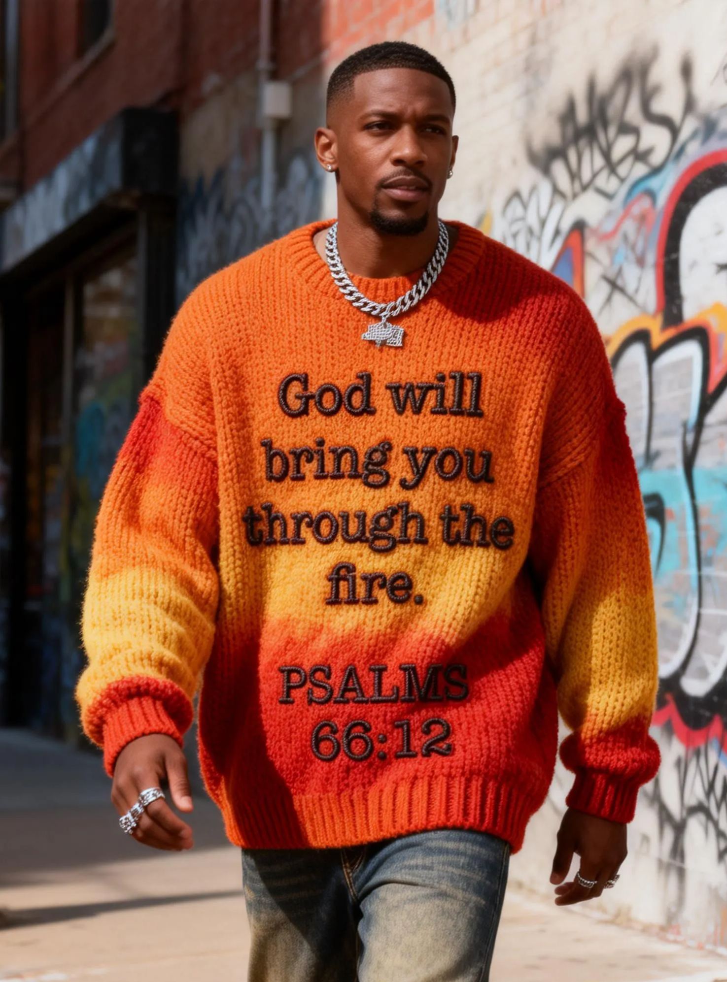 Men's Psalm 66:12 'God Will Bring You Through The Fire' Embroidered Gradient Sweater