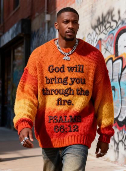 Men's Psalm 66:12 'God Will Bring You Through The Fire' Embroidered Gradient Sweater