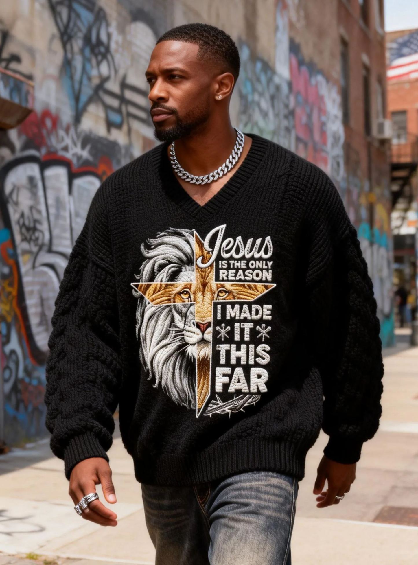 Men's Lion & 'Jesus Is The Only Reason' Embroidered Religious Cable Knit Sweater 