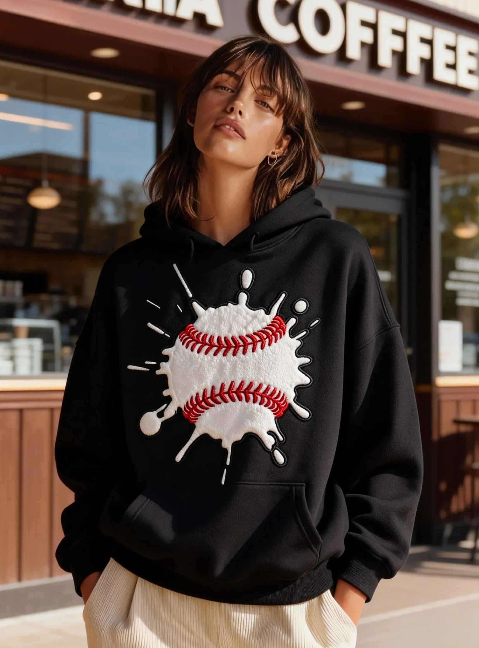 Women's Splash Print Baseball Embroidery Oversized Hoodie