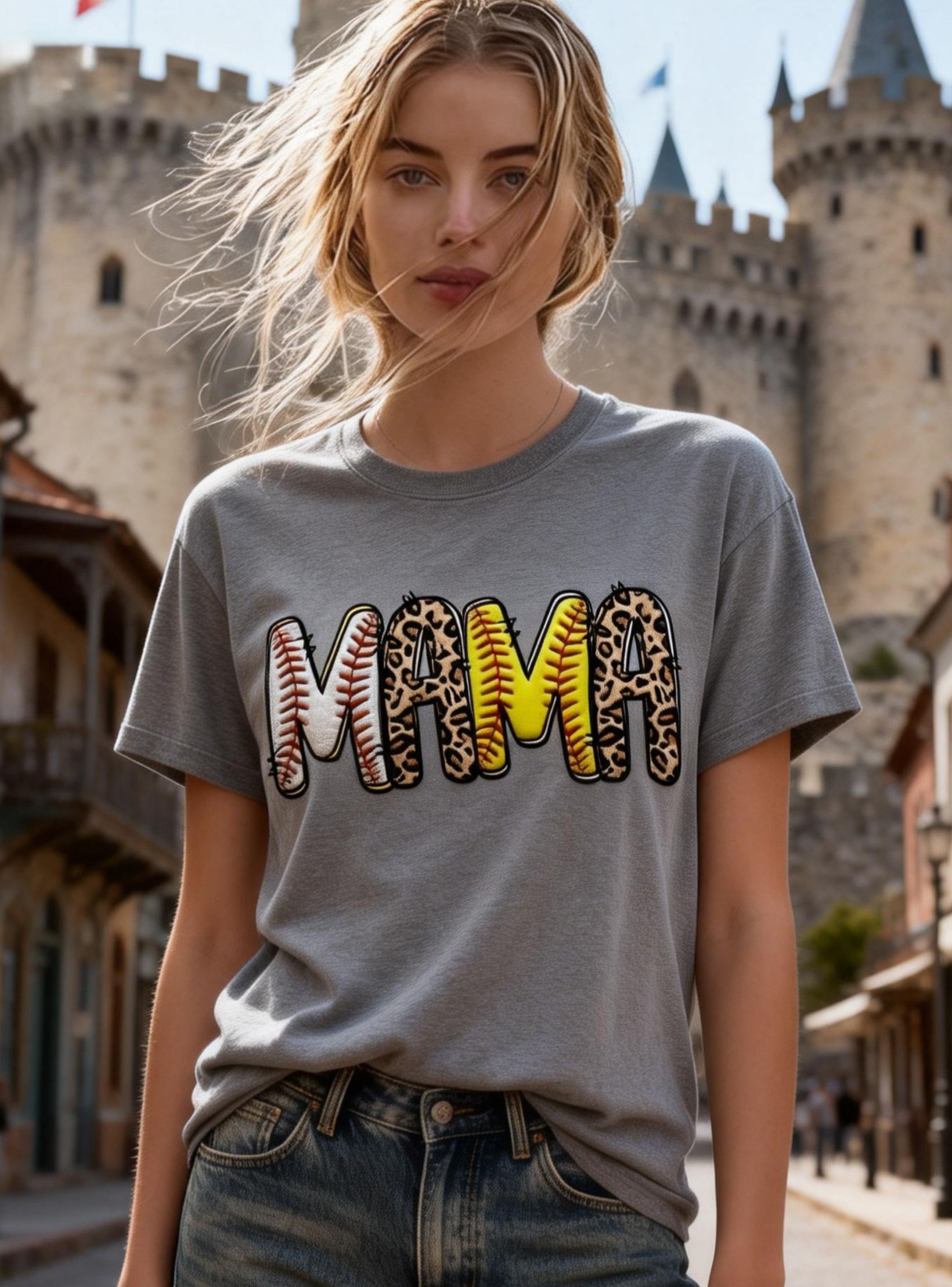 Women's Baseball & Leopard Print Lettering Baseball Mama T-Shirt
