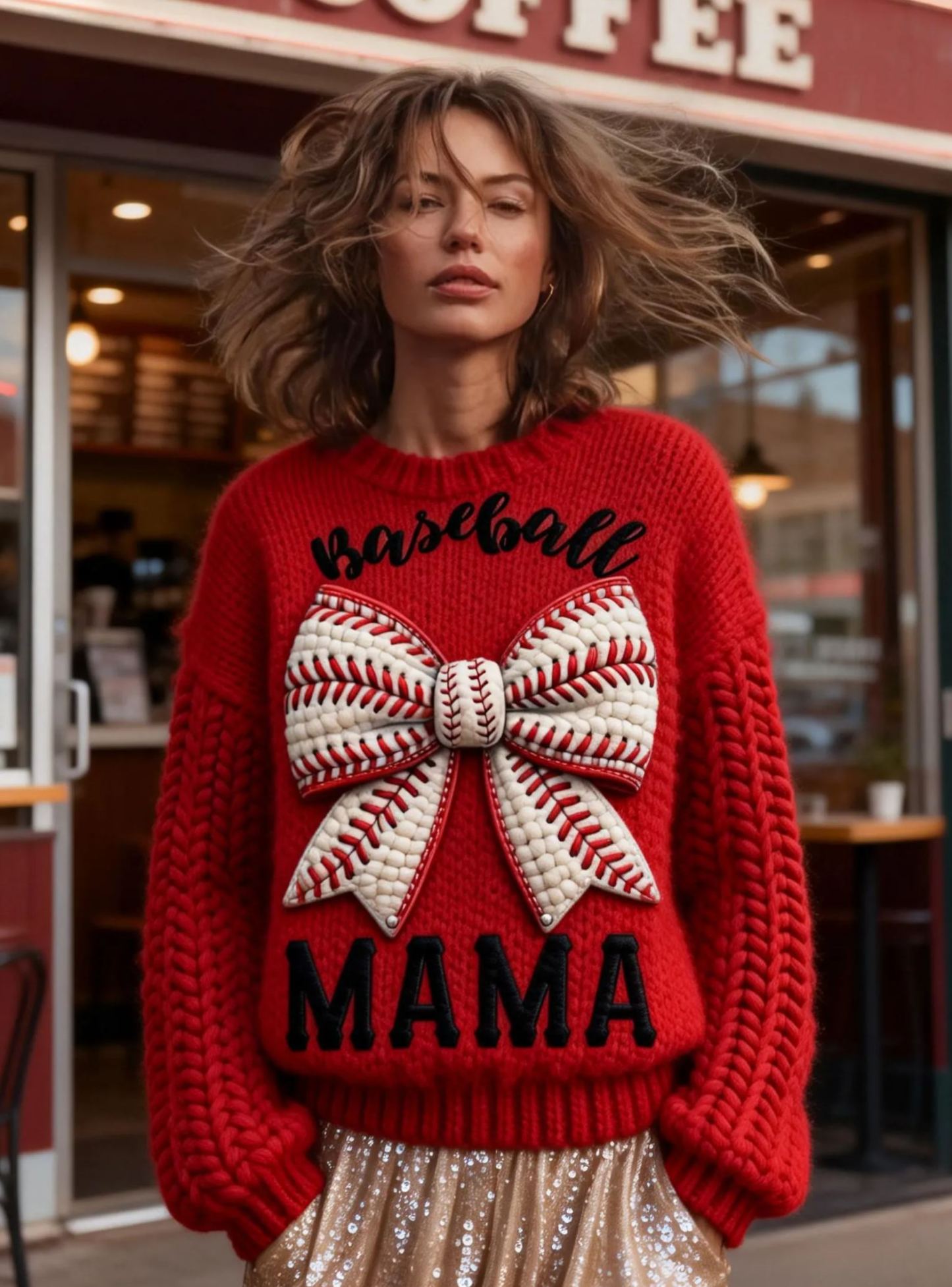 Women's Baseball Bow Red Chunky Knit Baseball Mama Sweater