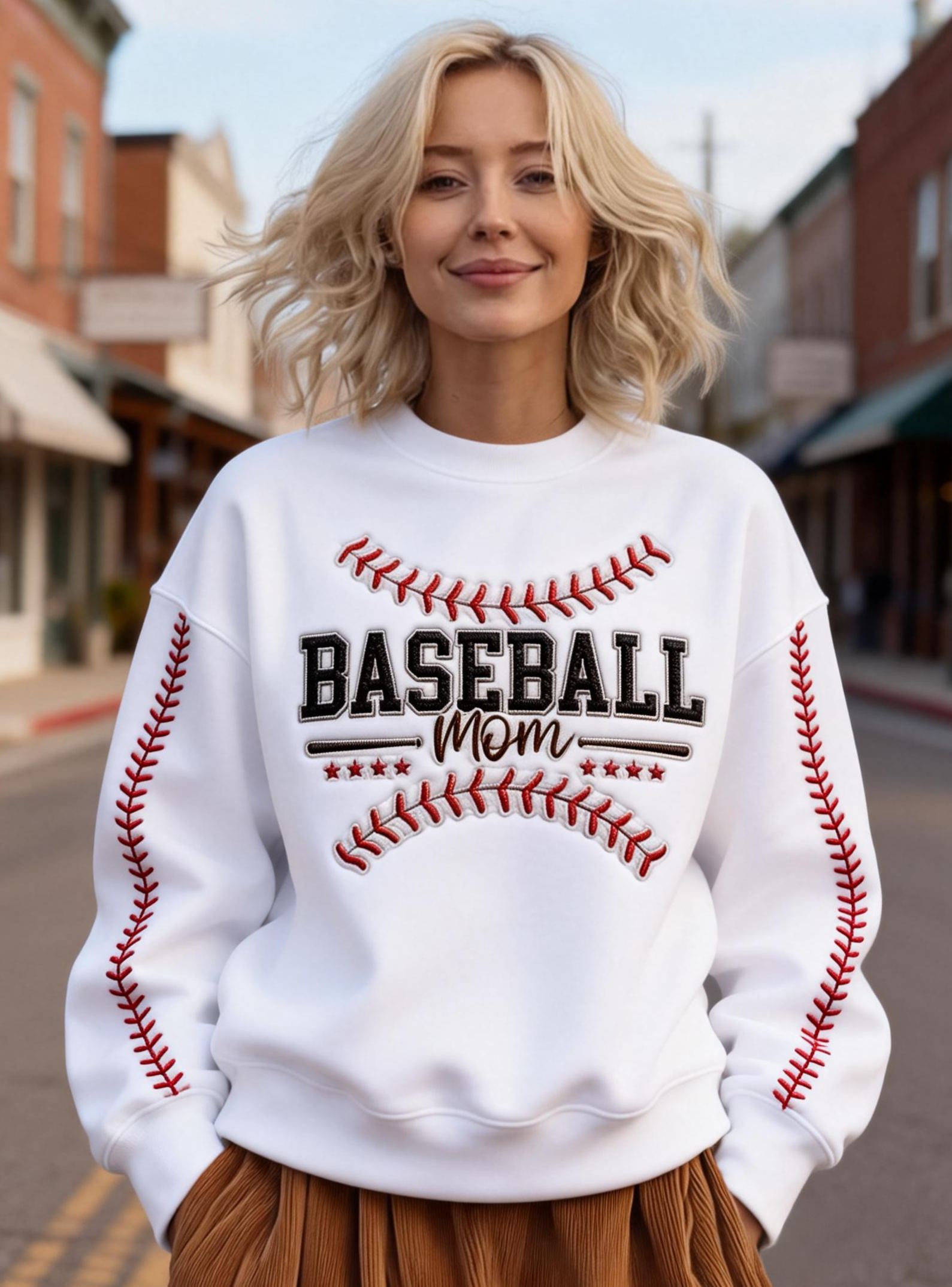 Women's Baseball Stitches White Crewneck Baseball Mom Sweatshirt