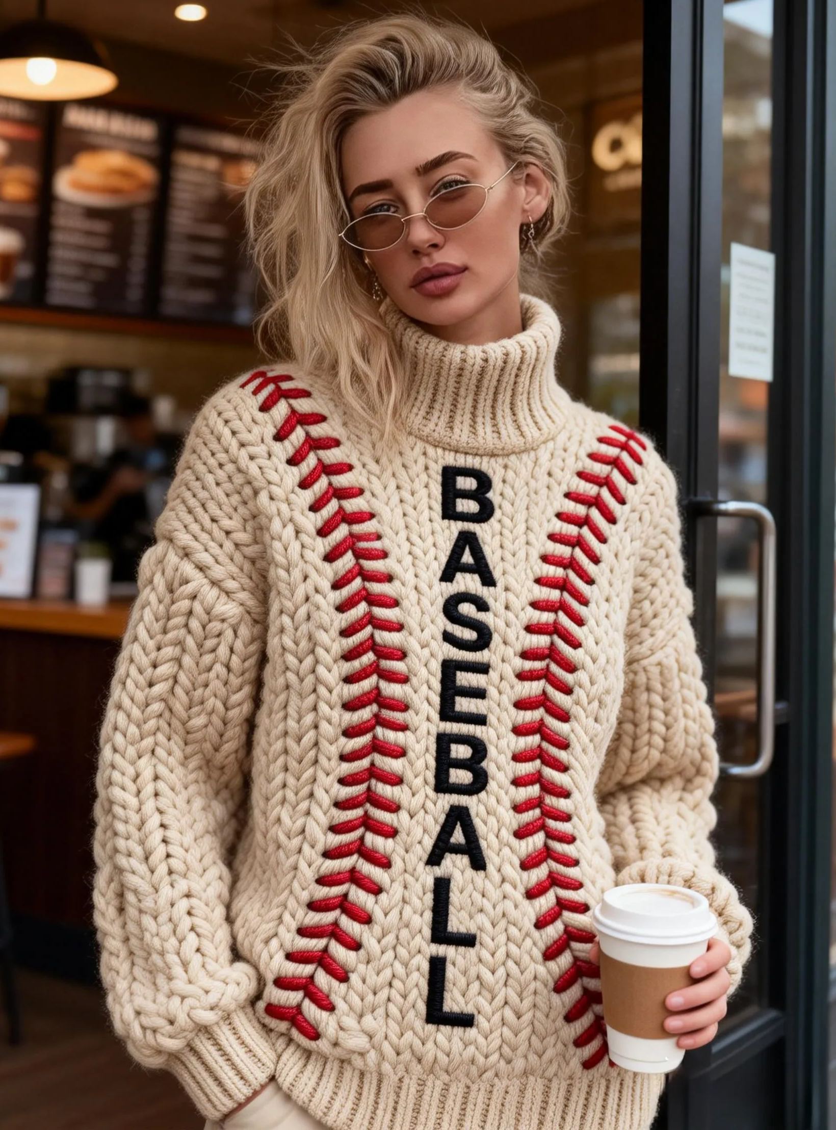 Women's Baseball Embroidery Oversized Chunky Knit Turtleneck Sweater 