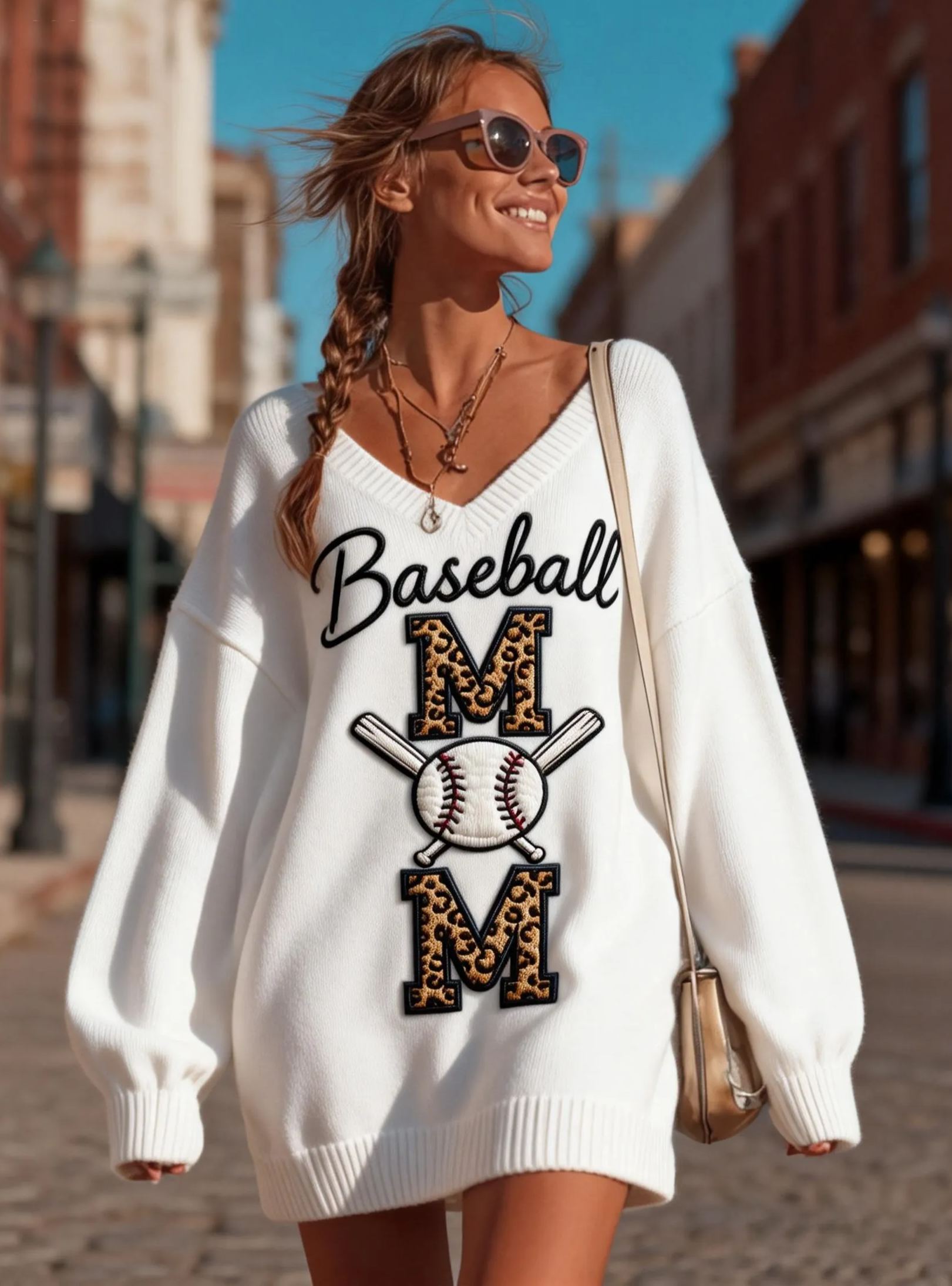 Women's Leopard Print M & Baseball Graphic White V-Neck Sweater Dress
