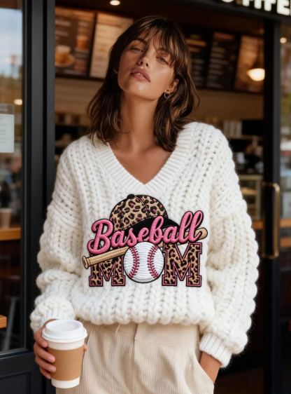 Women's Leopard Baseball Cap & Baseball Mom Embroidery Chunky Knit V-Neck Sweater 