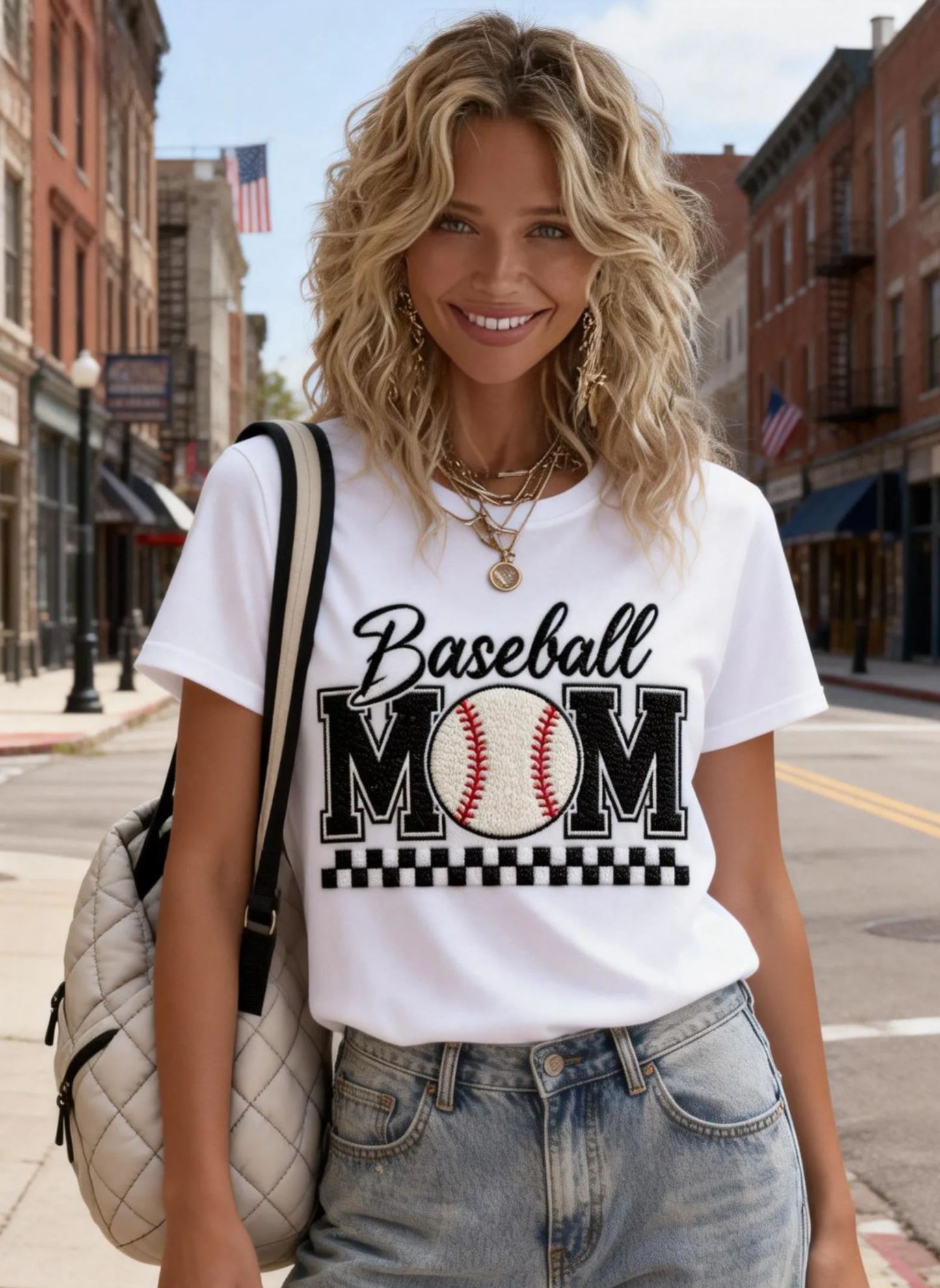 Women's Baseball Mom Checkered T-Shirt