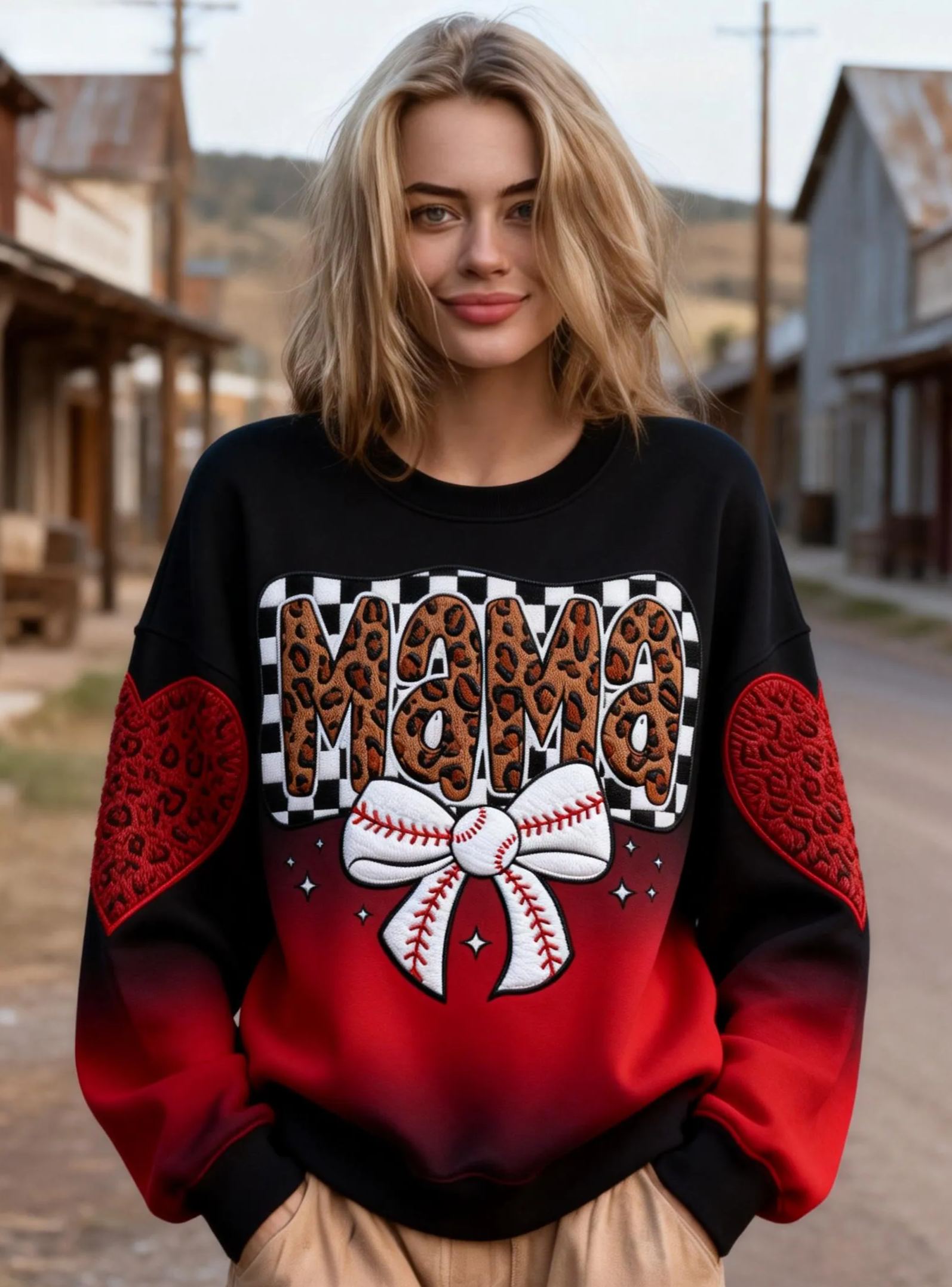 Women's Leopard MAMA & Baseball Bow Black & Red Ombre Sweatshirt 