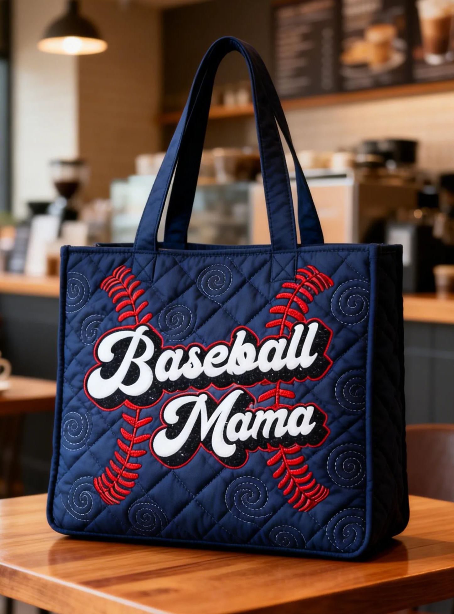 "Baseball Mama" Baseball Stitches Navy Quilted Tote Bag 