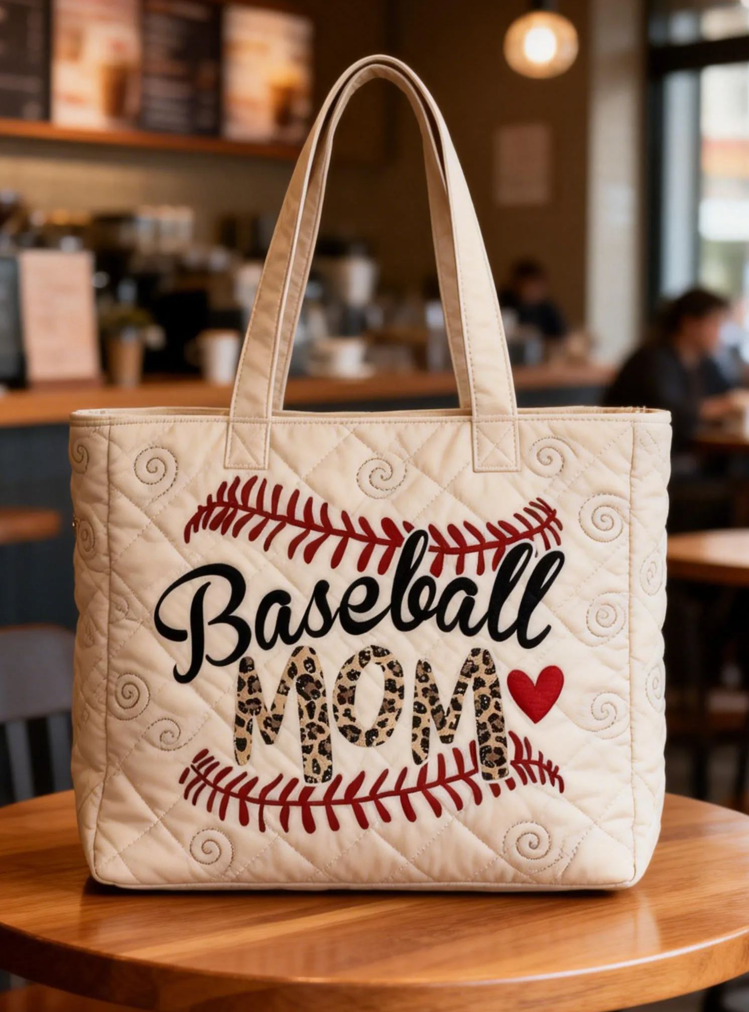 Baseball Stitch & Heart Baseball Mom Beige Quilted Tote Bag