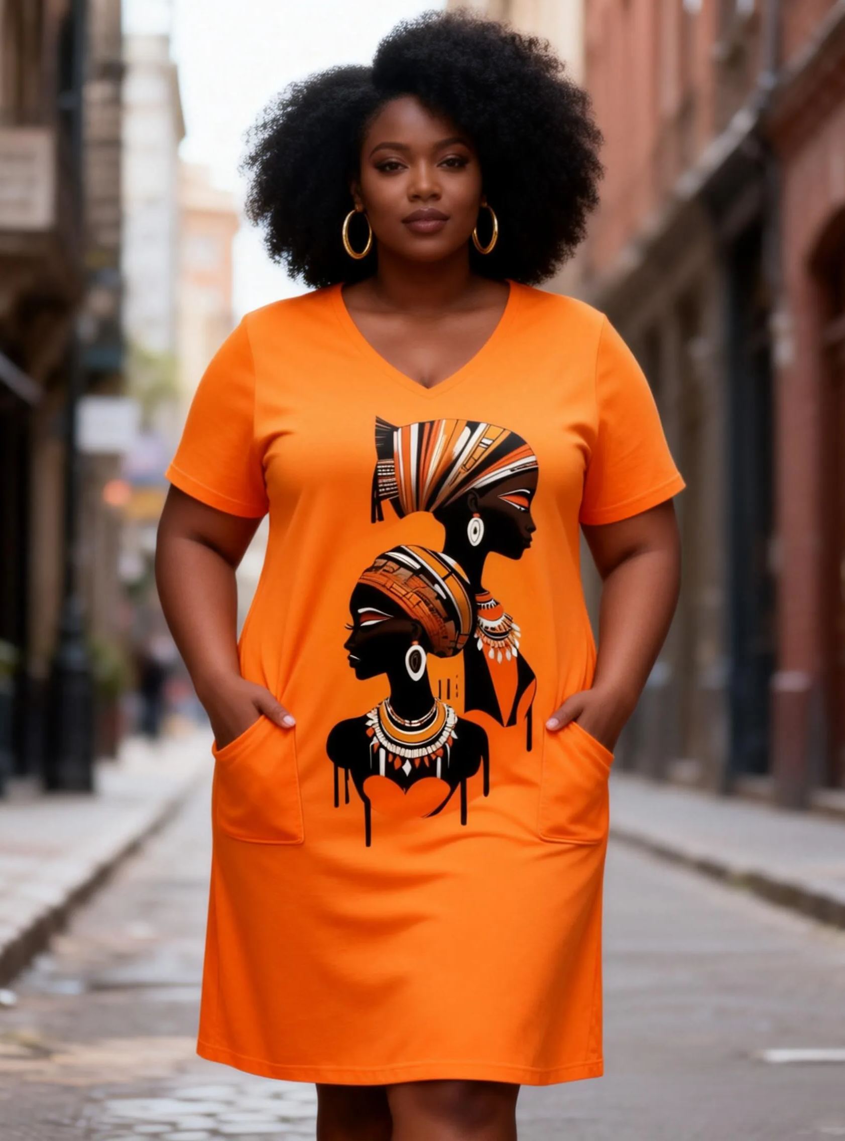 African Women Portrait V-Neck T-Shirt Pockets Dress