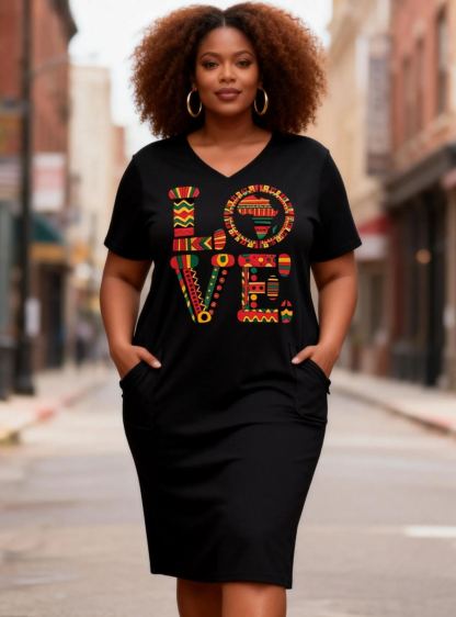 Women's African Print LOVE Graphic V-Neck T-Shirt Pockets Dress