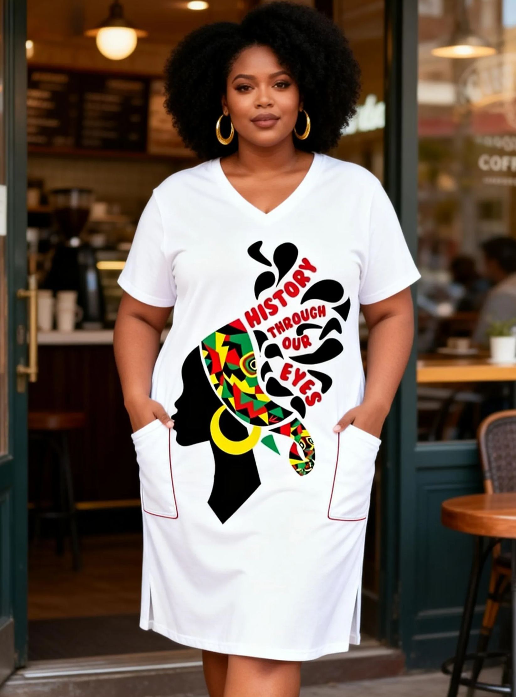 Women's "History Through Our Eyes" V-Neck Split Hem T-Shirt Pockets Dress