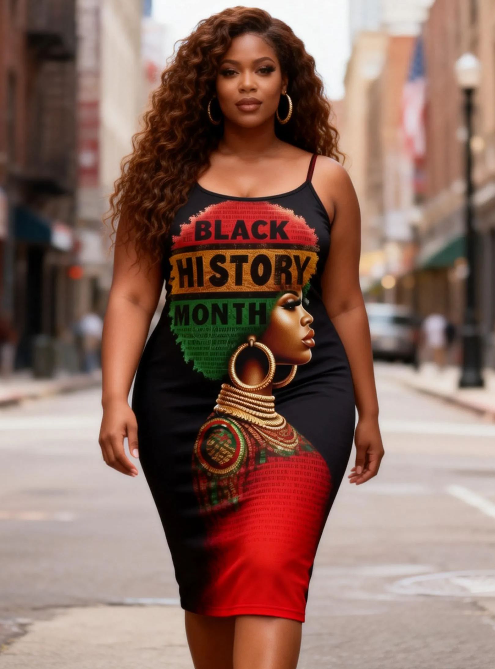 Women's Black History Month African Map & Queen Spaghetti Strap Bodycon Midi Dress