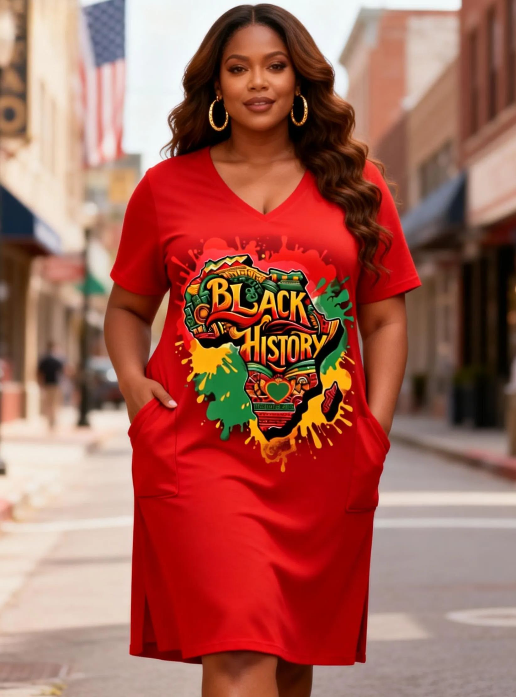 Women's Black History Graffiti African Map V-Neck T-Shirt Dress
