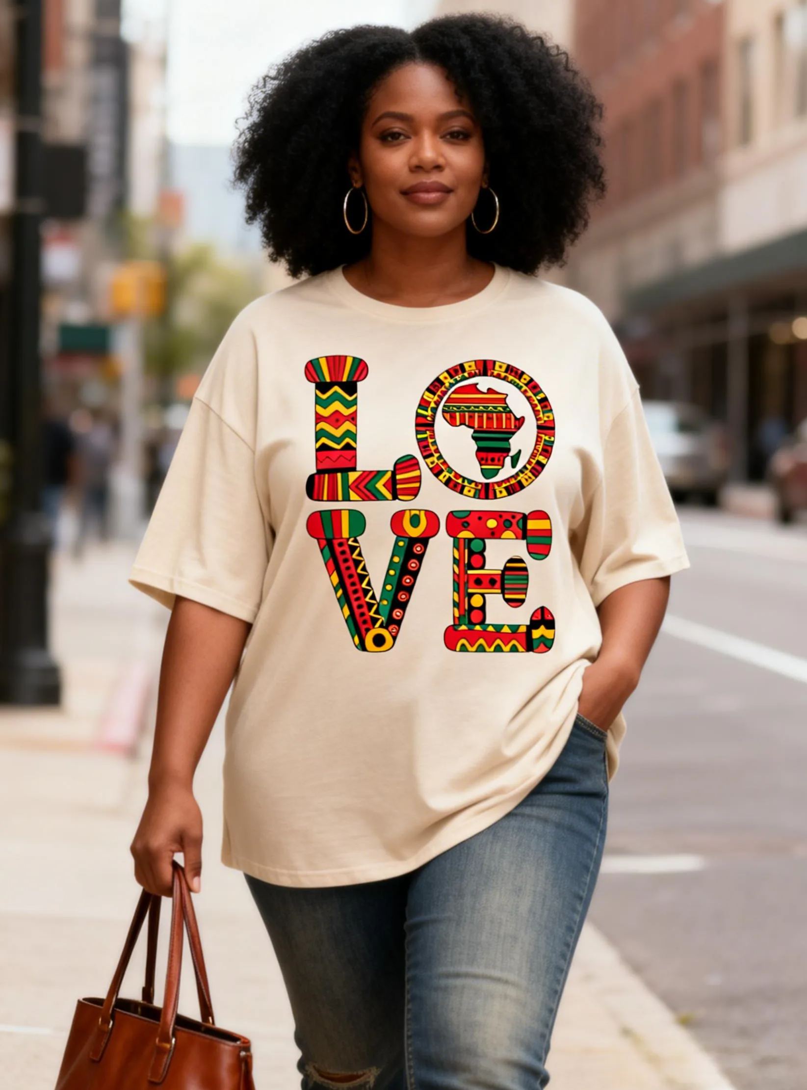 Women's African Map Print LOVE Graphic Oversized T-Shirt