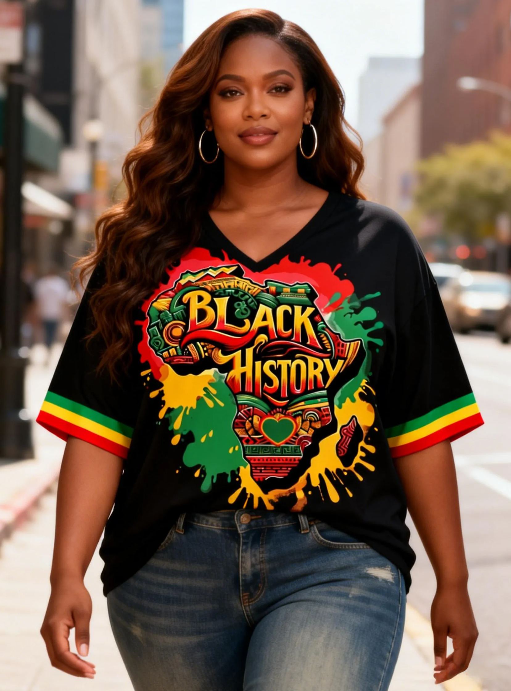 Women's Black History Graffiti African Map Cuff Stripes V-Neck T-Shirt 