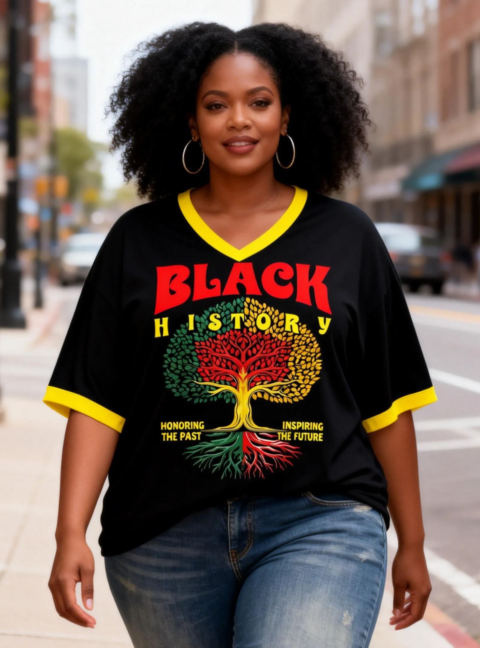 Women's Black History Tree Of Life Yellow Contrast Trim V-Neck T-Shirt
