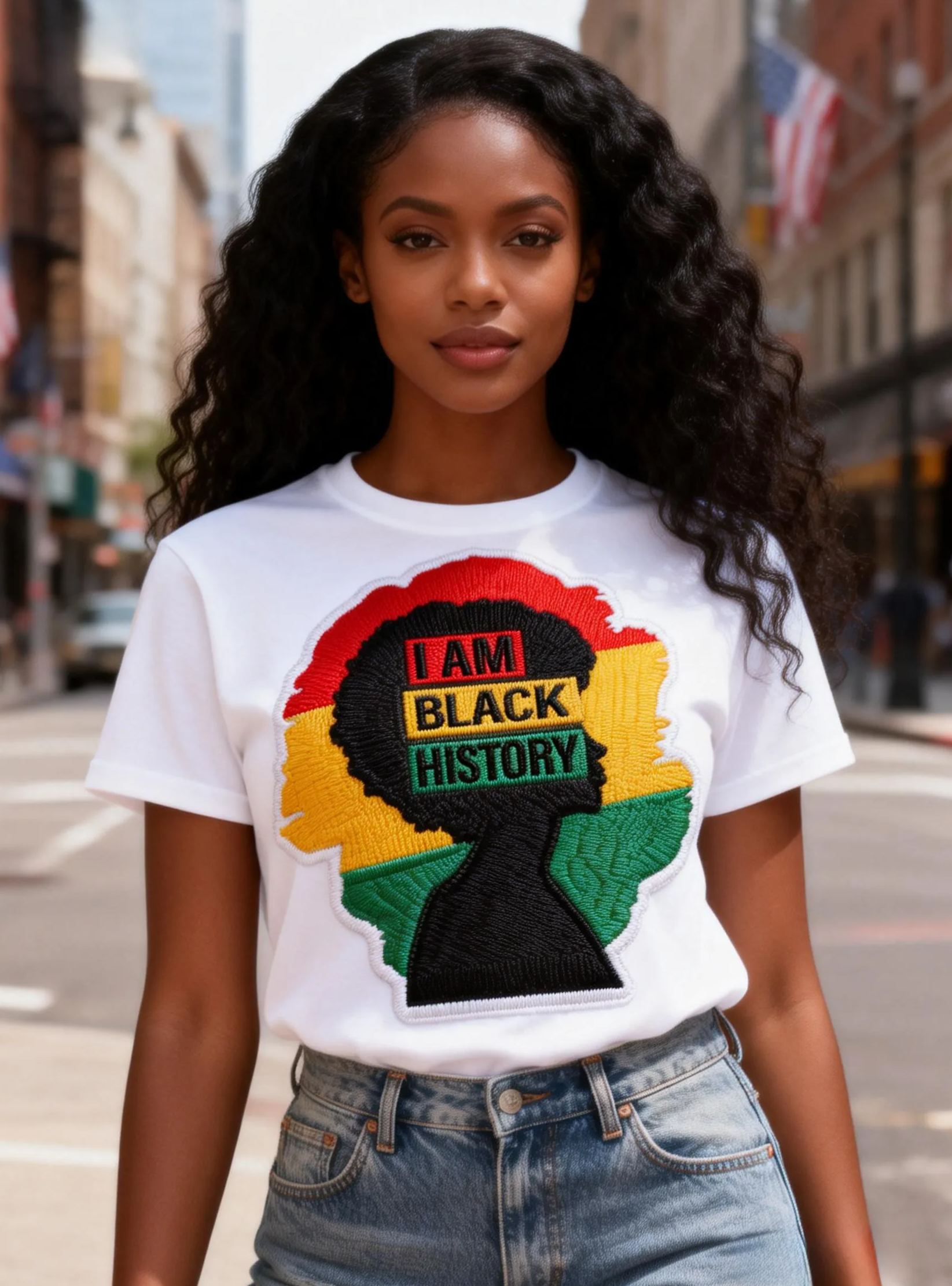 Women's "I Am Black History" Embroidered Portrait Graphic T-Shirt