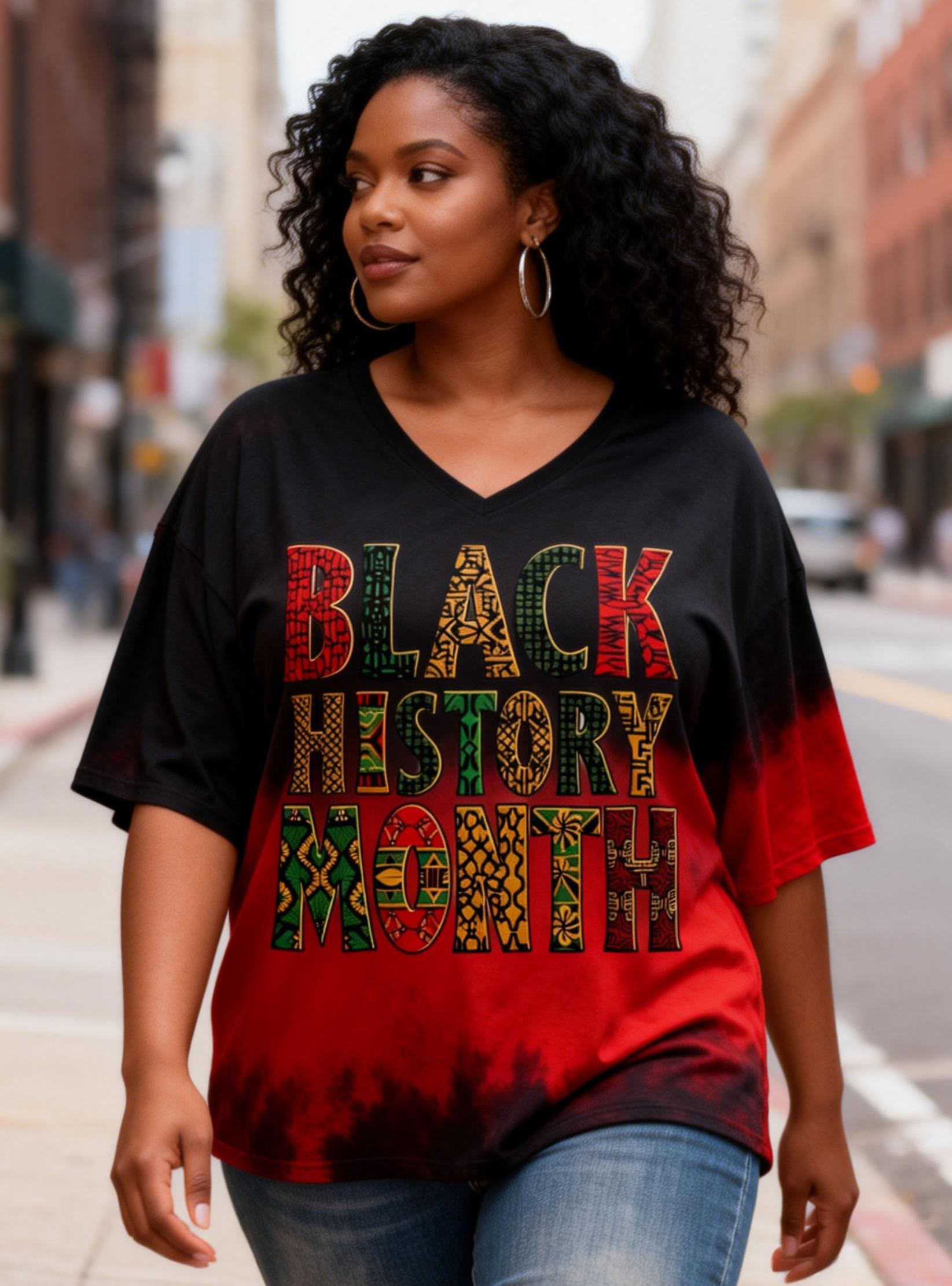 Women's African Print Black History Month Black To Red Ombre V-Neck T-Shirt