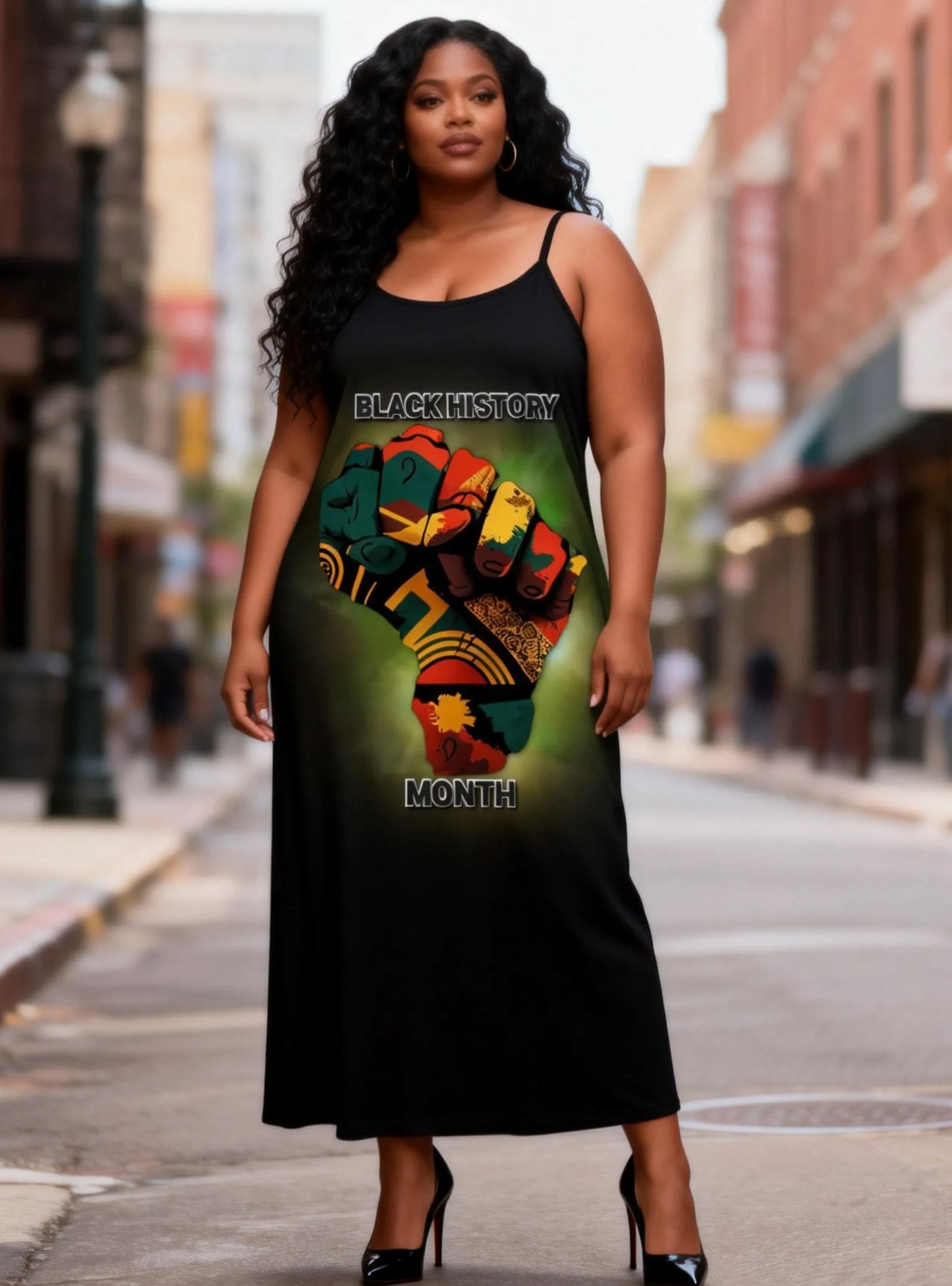 Women's Black History Month African Map Fist Spaghetti Strap Maxi Dress