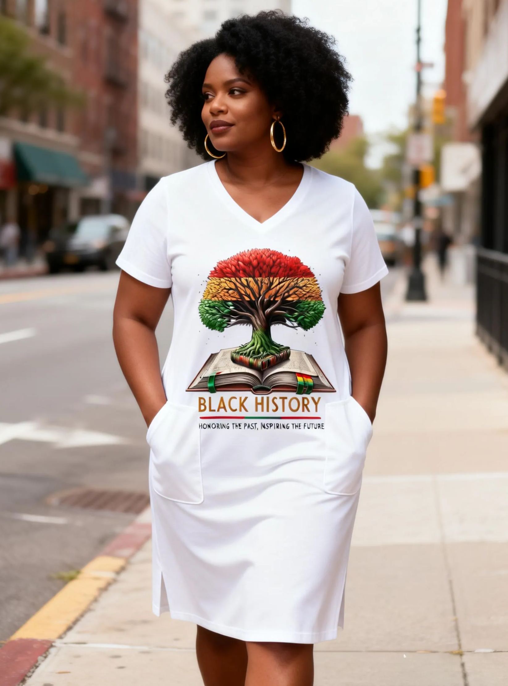Women's Black History Tree & Book V-Neck Pockets & Split Hem T-Shirt Dress