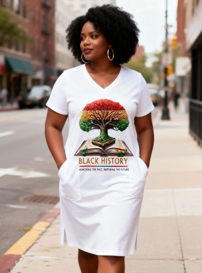 Women's Black History Tree & Book V-Neck Pockets & Split Hem T-Shirt Dress