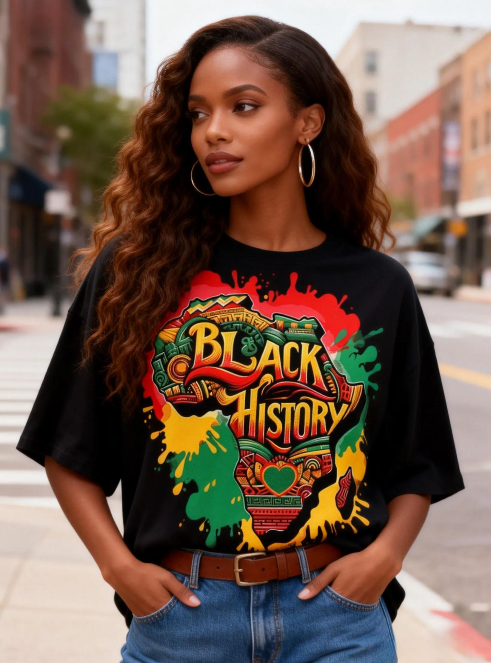 Women's Black History African Map Graffiti Crew Neck T-Shirt