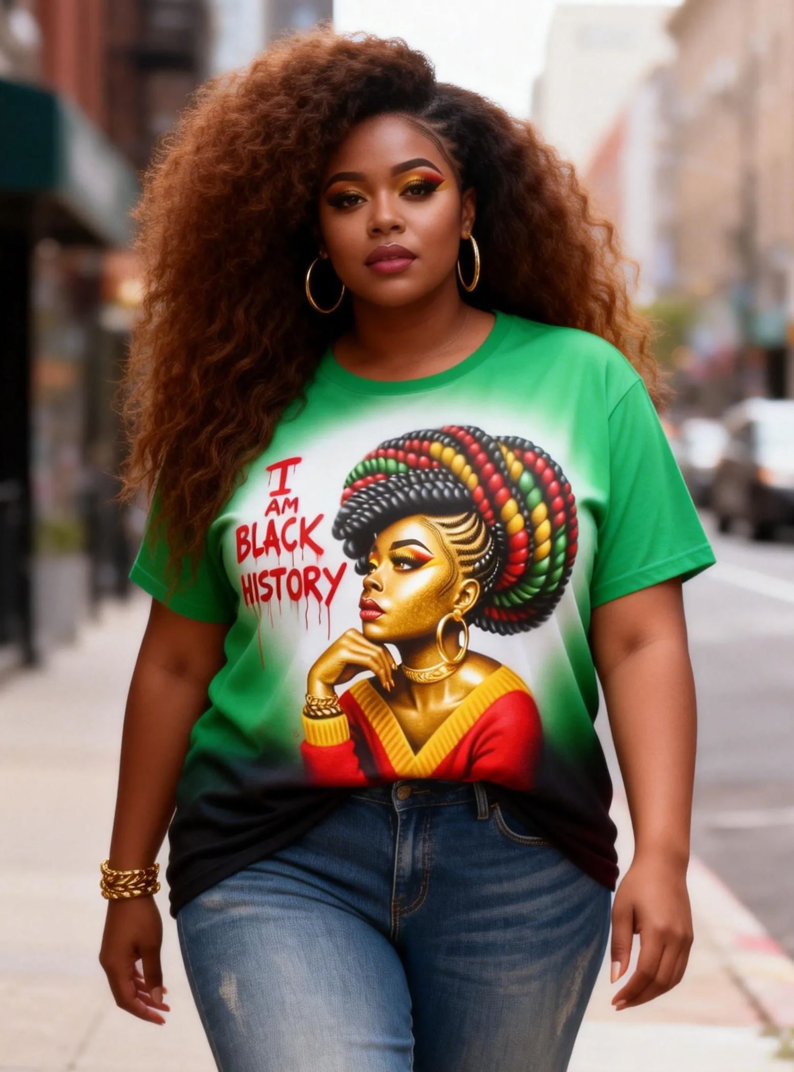 Women's "I Am Black History" Afro Woman Portrait Green To Black Ombre T-Shirt