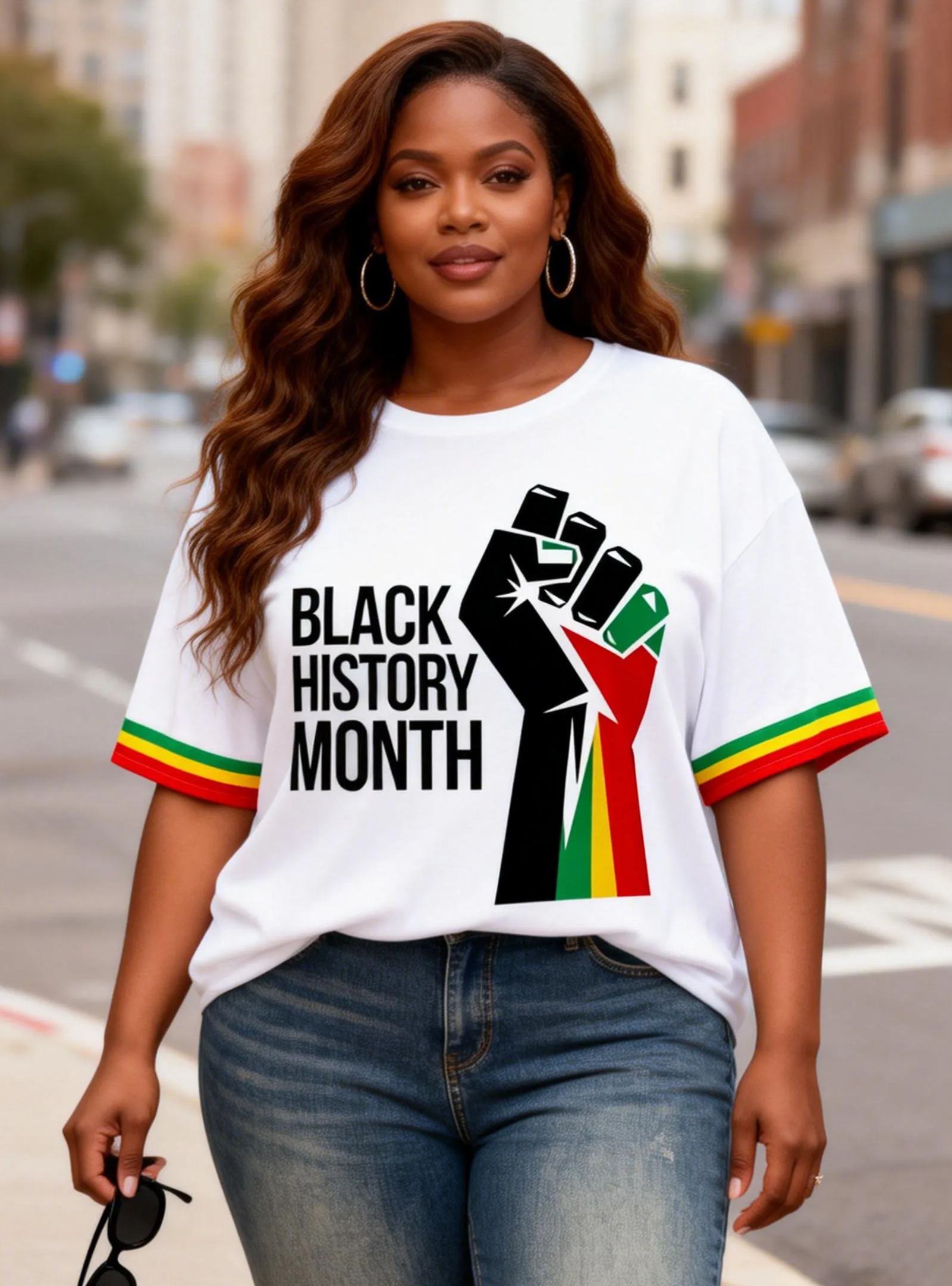 Women's Black History Month Fist Cuff Stripes Crew Neck T-Shirt 