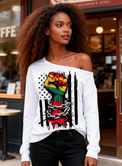 Women's Black History Fist & Chains Graphic Off-Shoulder T-Shirt 