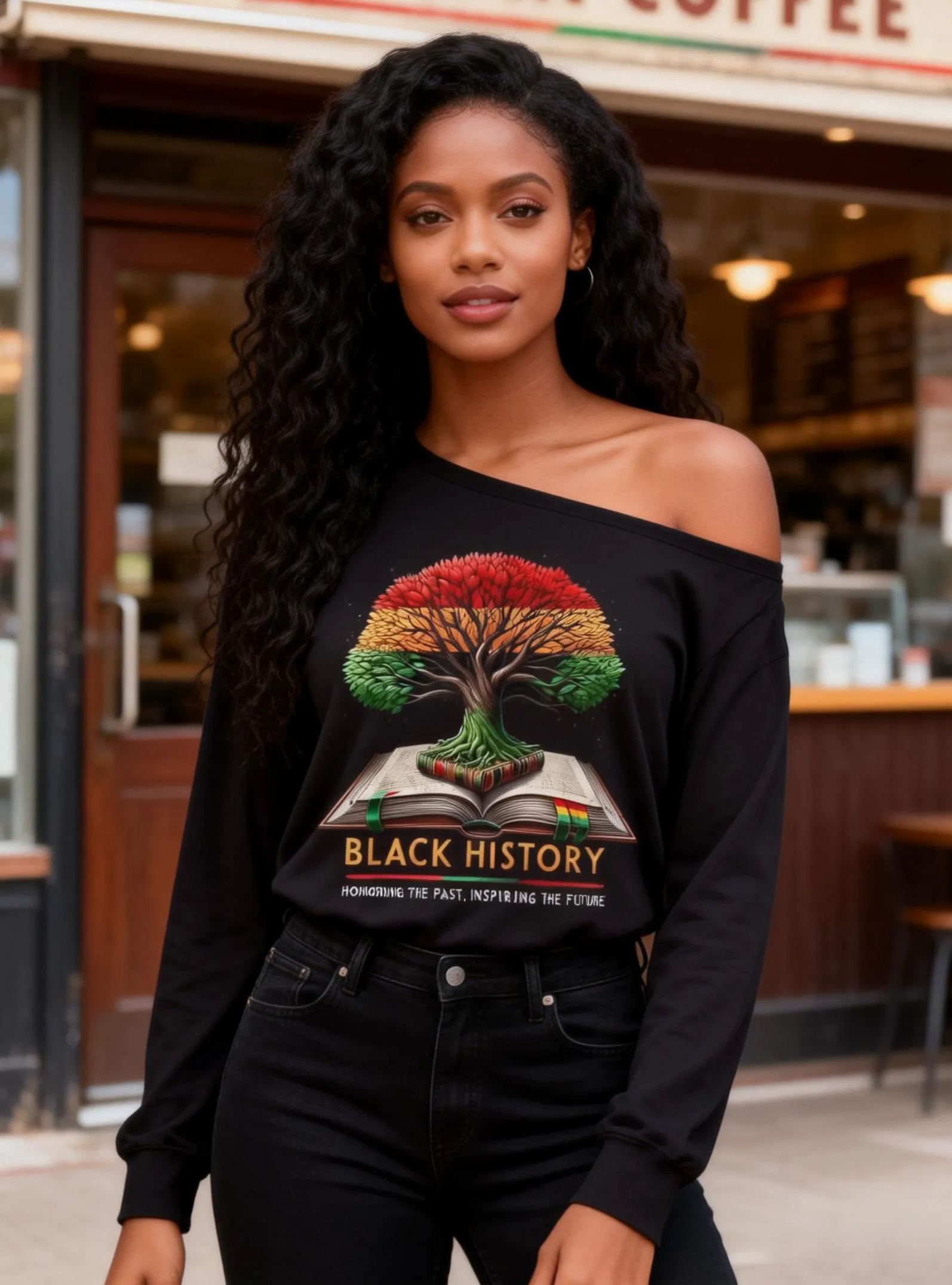 Women's Black History Tree & Book Graphic Off-Shoulder T-Shirt 