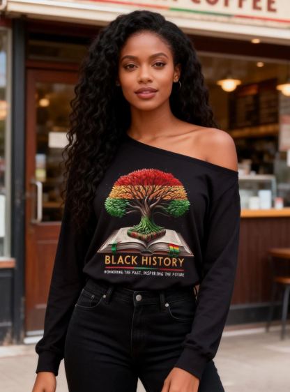 Women's Black History Tree & Book Graphic Off-Shoulder T-Shirt 