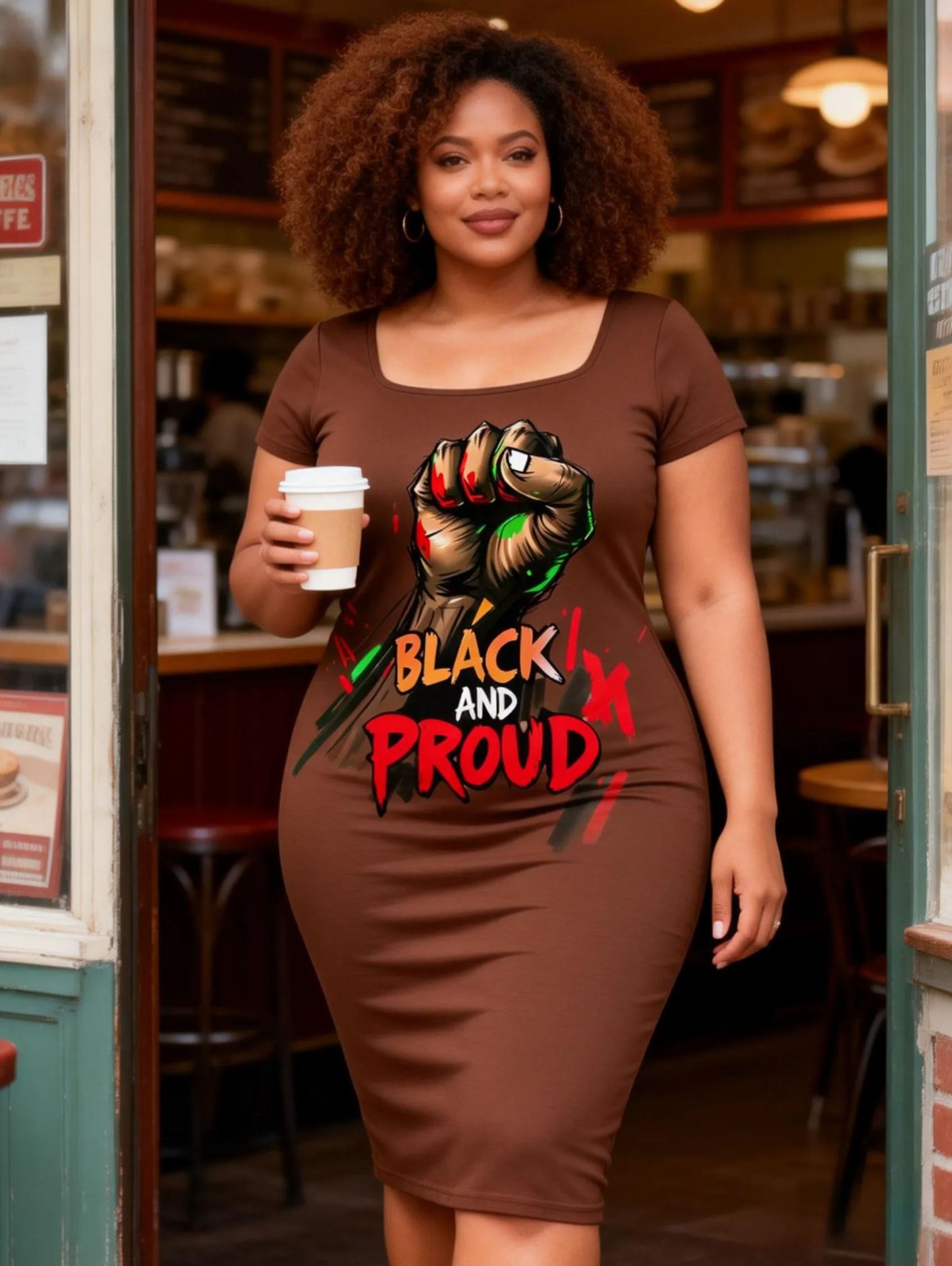 Women's "Black And Proud" Fist Print Square Neck Bodycon Dress