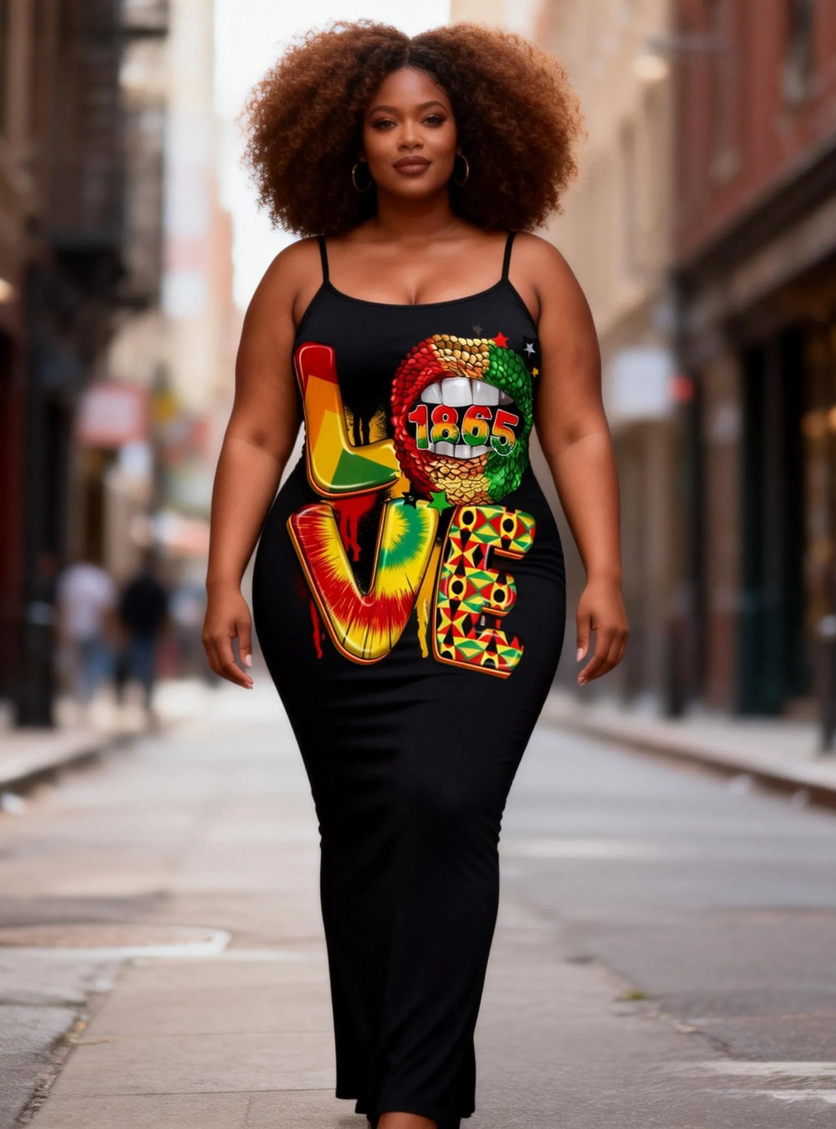 Women's "1865 LOVE" African Geometric Print Cami Maxi Dress