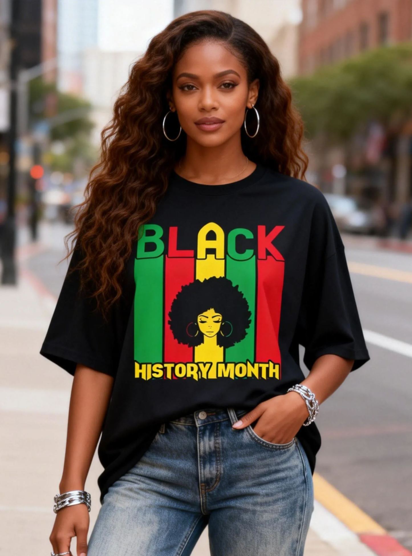 Women's Black History Month Afro Woman Silhouette Color Block T-Shirt