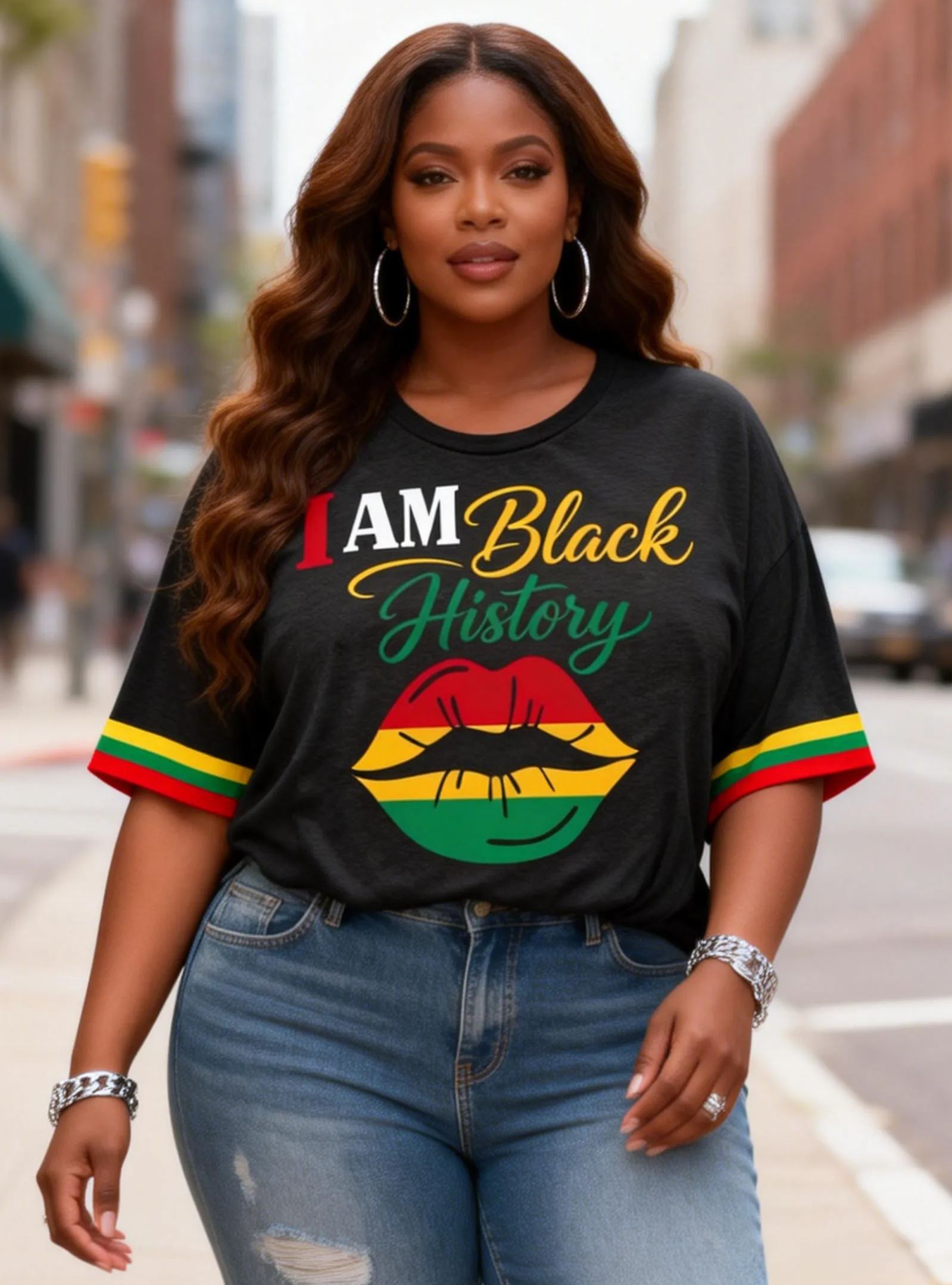 Women's "I Am Black History" Lips Print Striped Cuff T-Shirt
