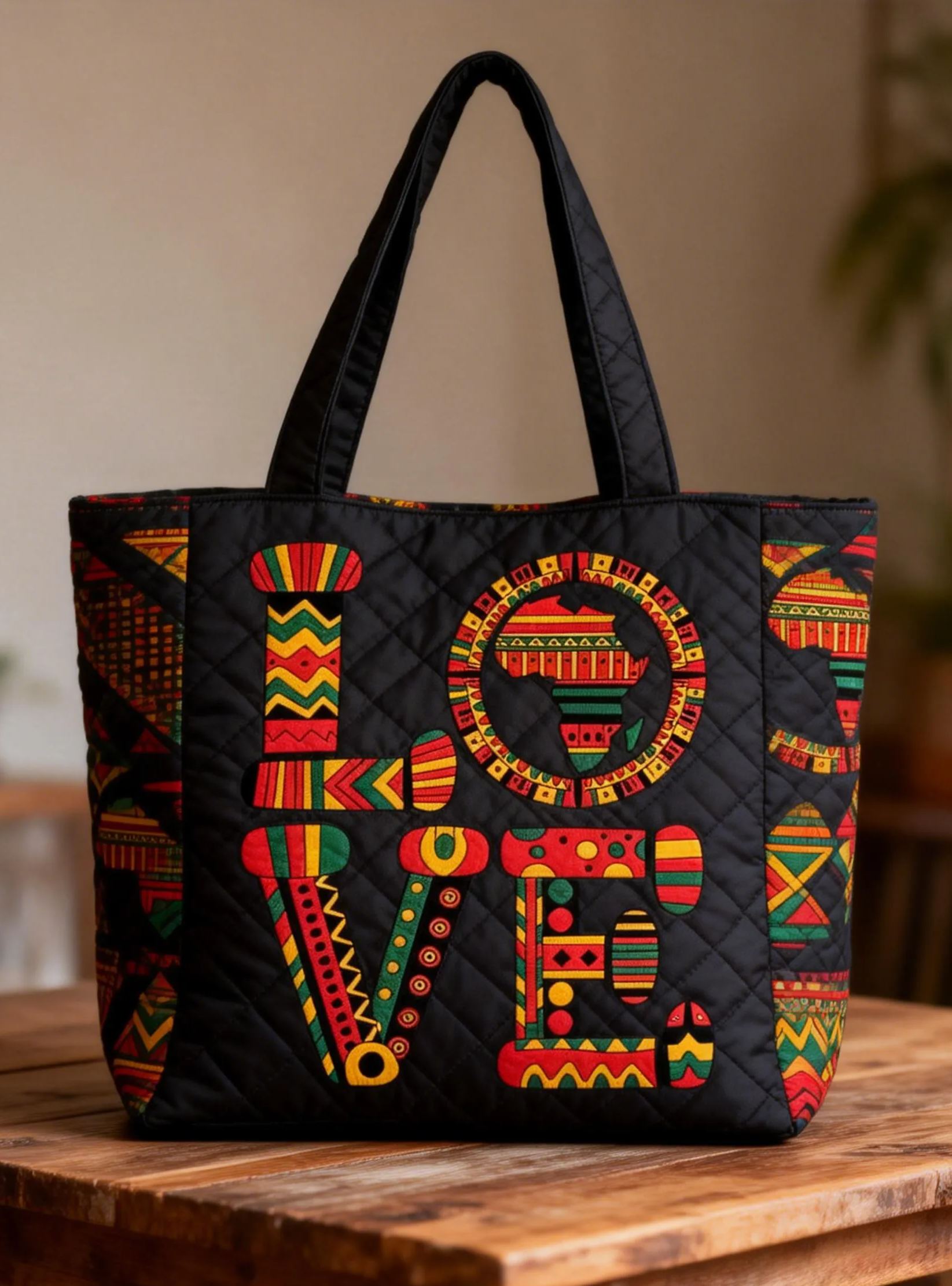 Black History Month African Print "LOVE" Quilted Tote Bag