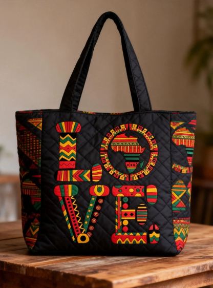 Black History Month African Print "LOVE" Quilted Tote Bag