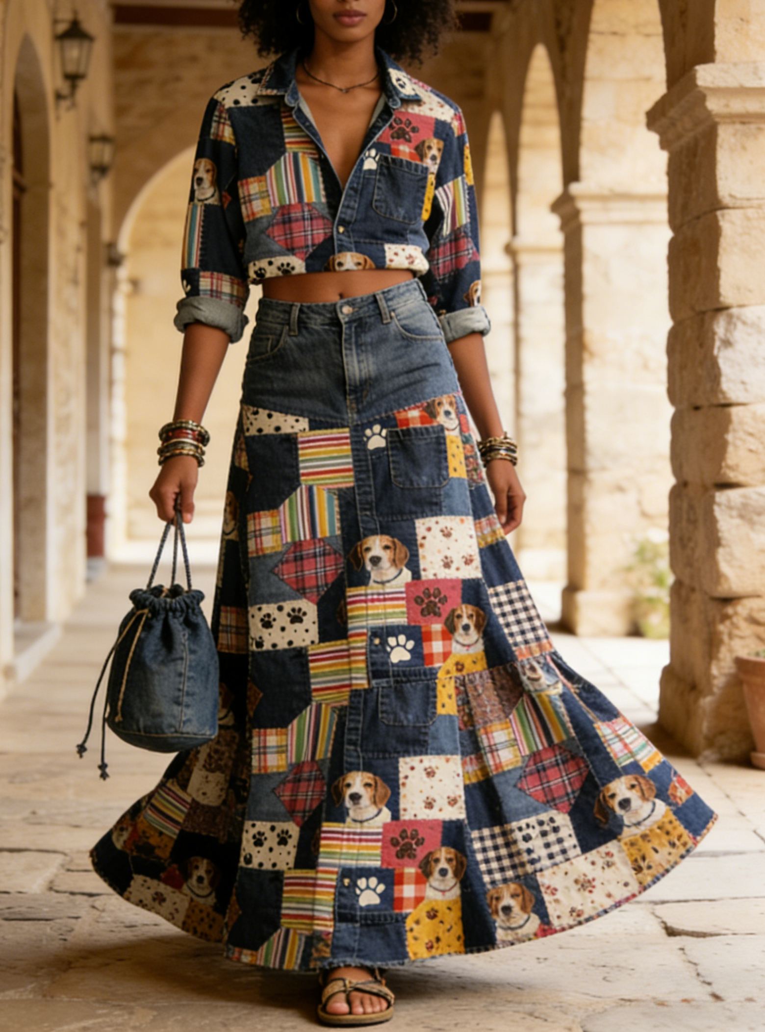 Colorful Plaid Dog Patchwork Denim Crop Top + Ruffle Maxi Skirt Set
