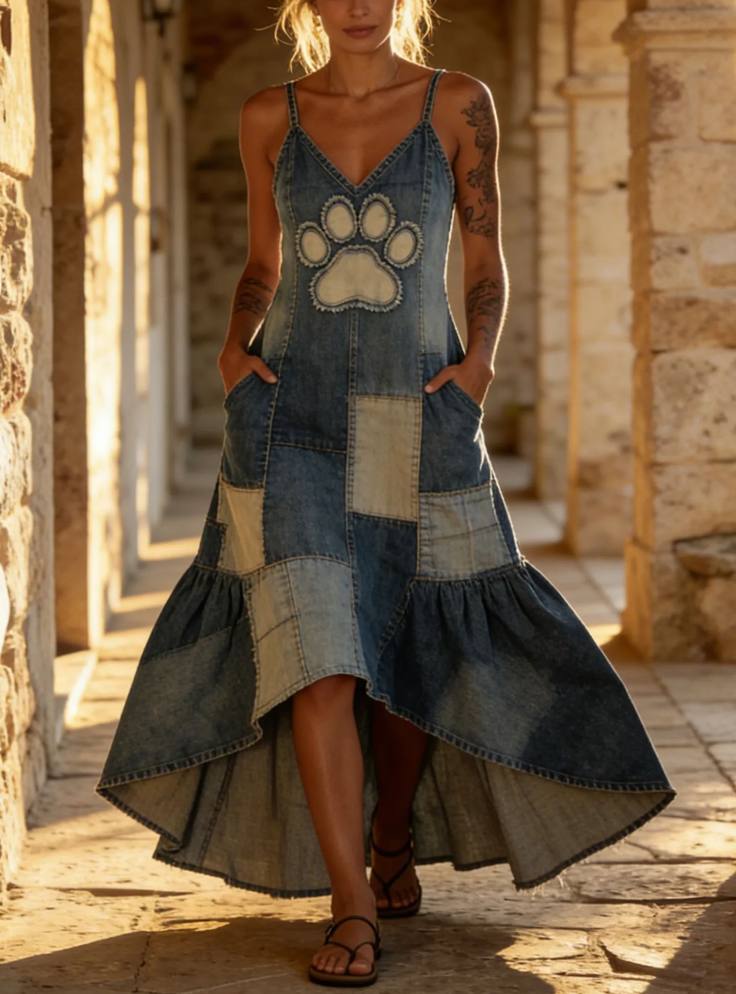 Paw Print Patchwork High Low Denim Dress