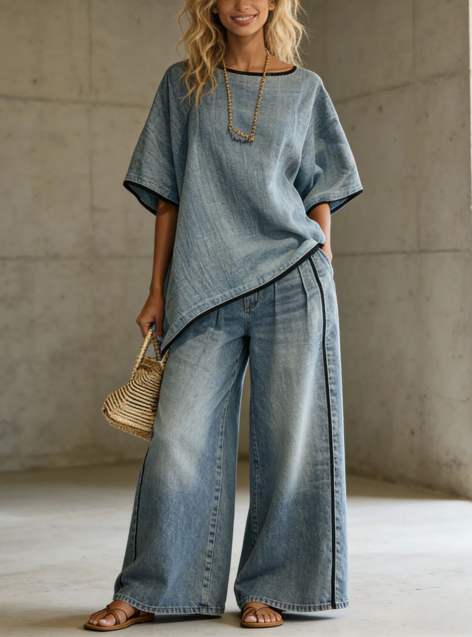 Asymmetrical Oversized Denim Top + Striped Wide-Leg Denim Pants Set